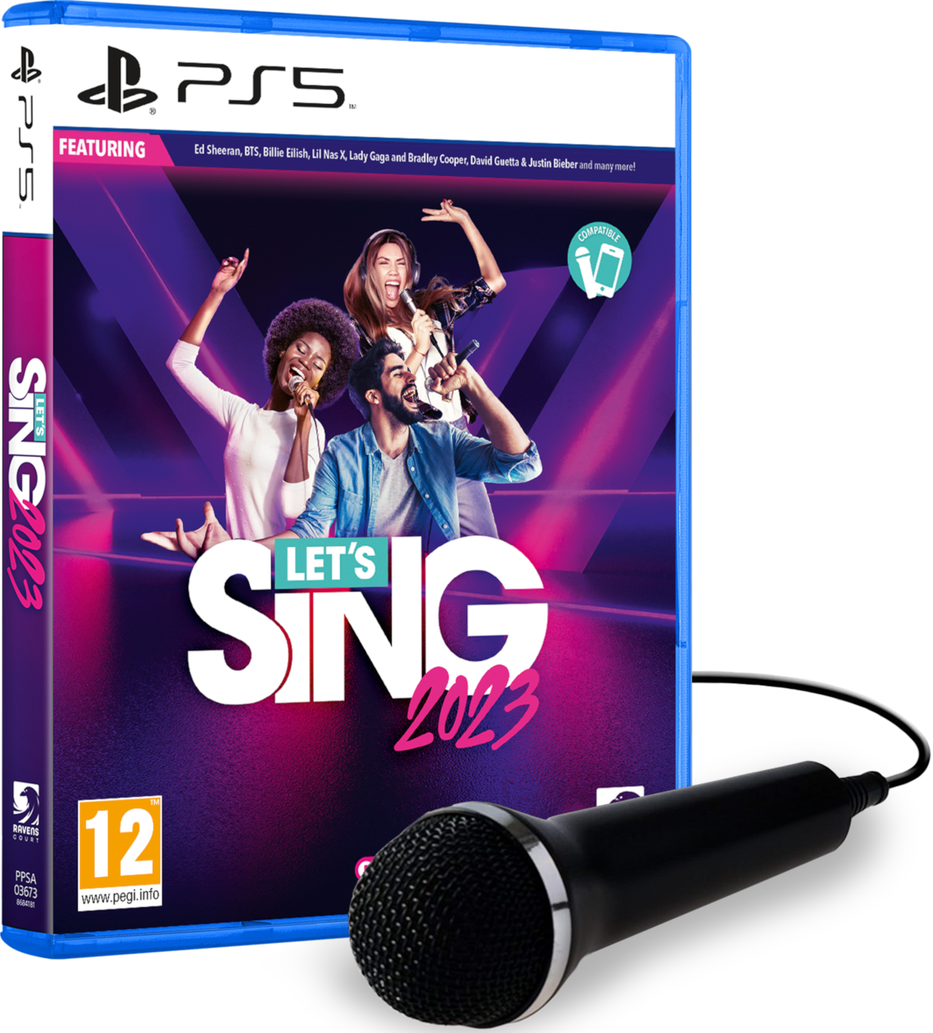 Gamebox voor Let's Sing 2023. Mensen zingen in microfoons. Een microfoon staat voor de doos.