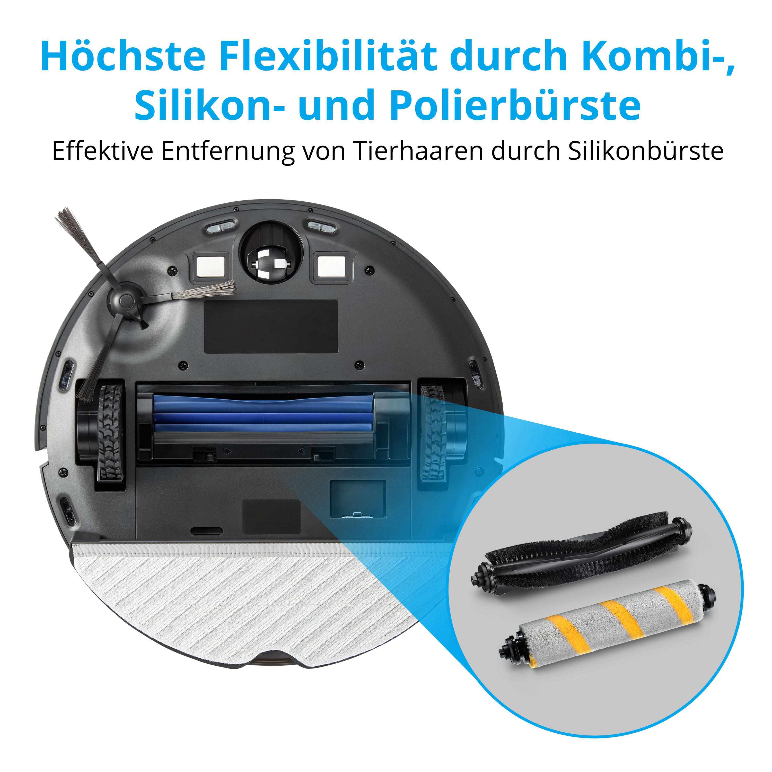 Roboter-Staubsauger mit Text und Nahaufnahme der Bürstenköpfe.