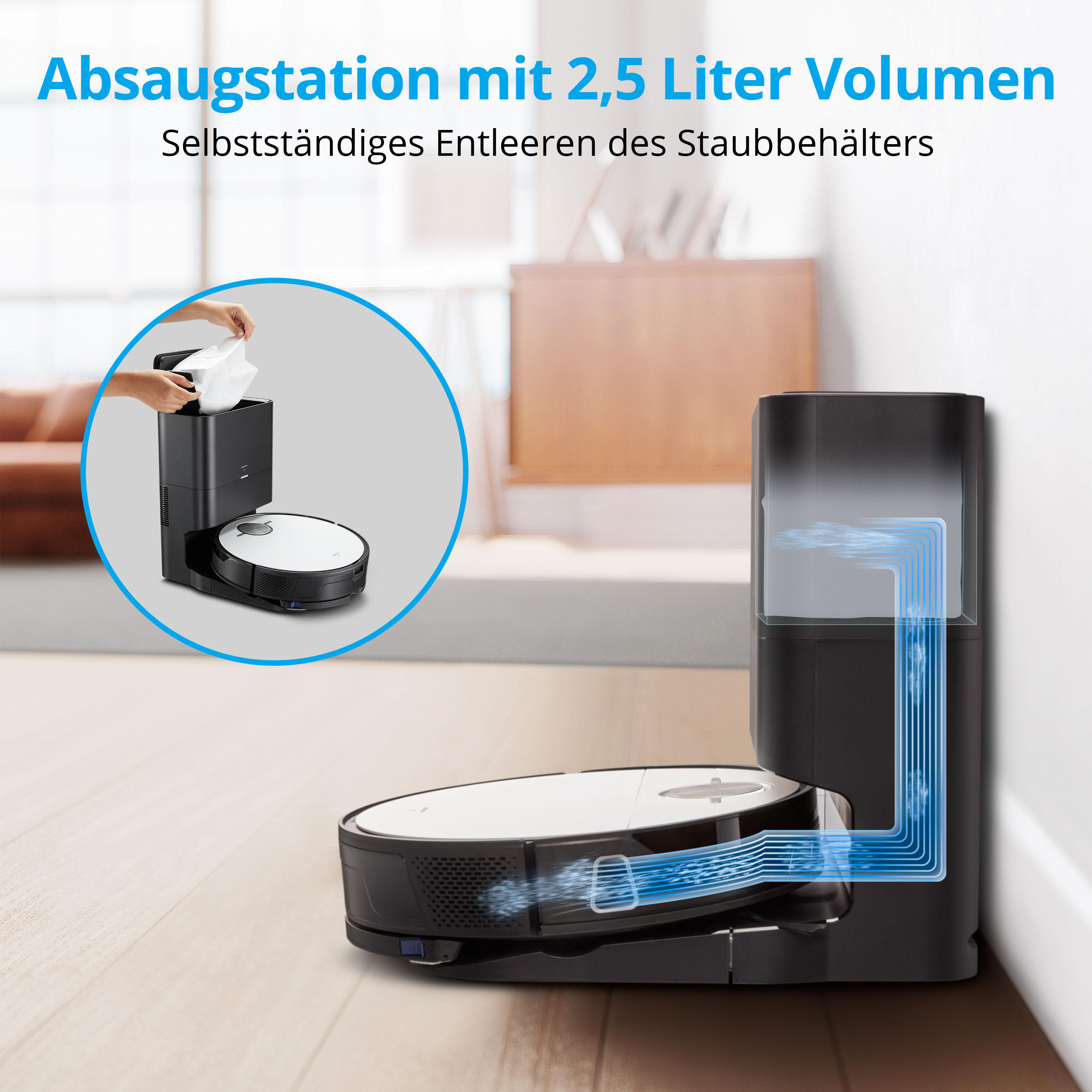 Roboter-Staubsauger mit Selbstreinigungsstation. Der Staubsauger ist weiß und schwarz, mit einer schwarzen Station.