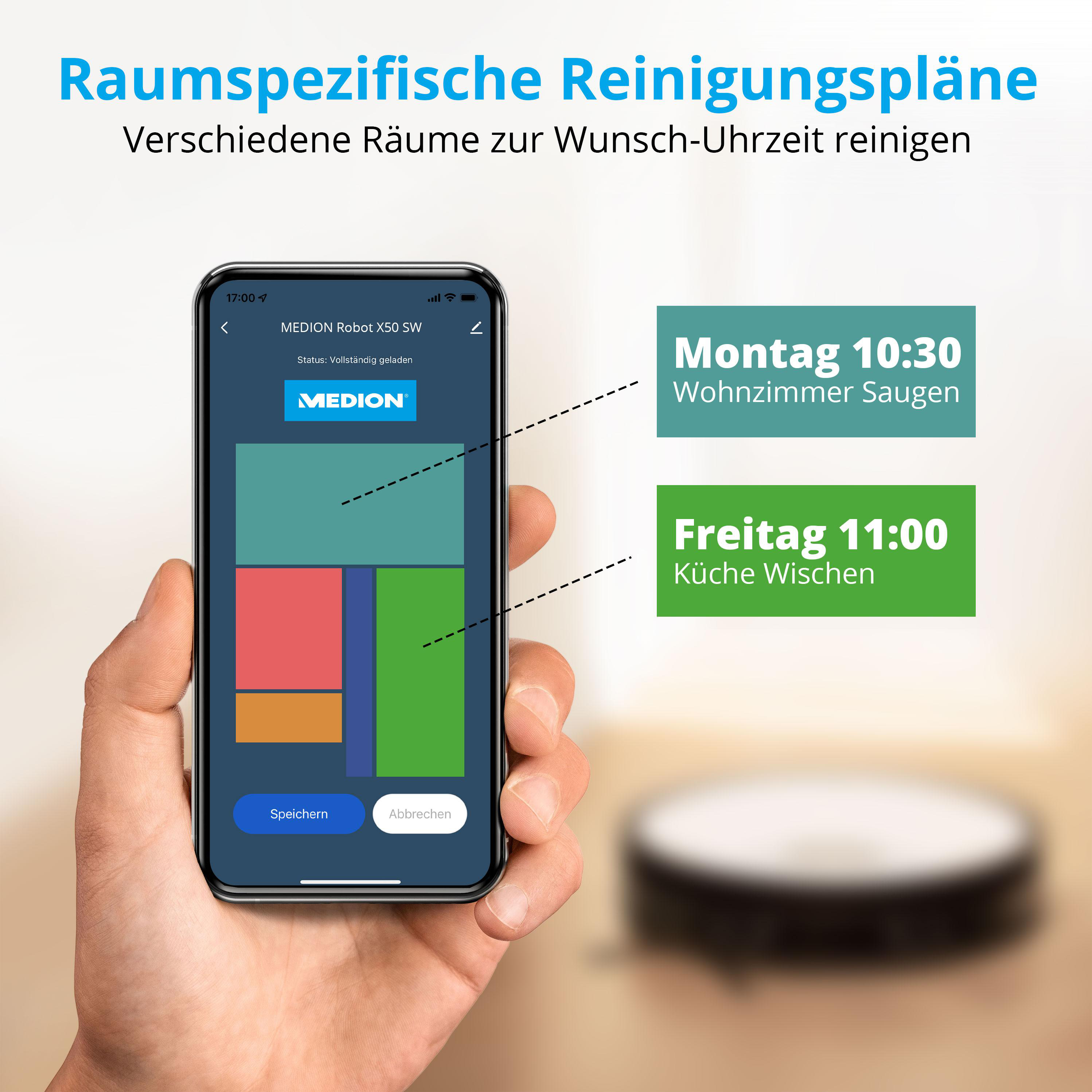 Hand hält Telefon mit Reinigungsplan für Roboterstaubsauger. Text in Deutsch.