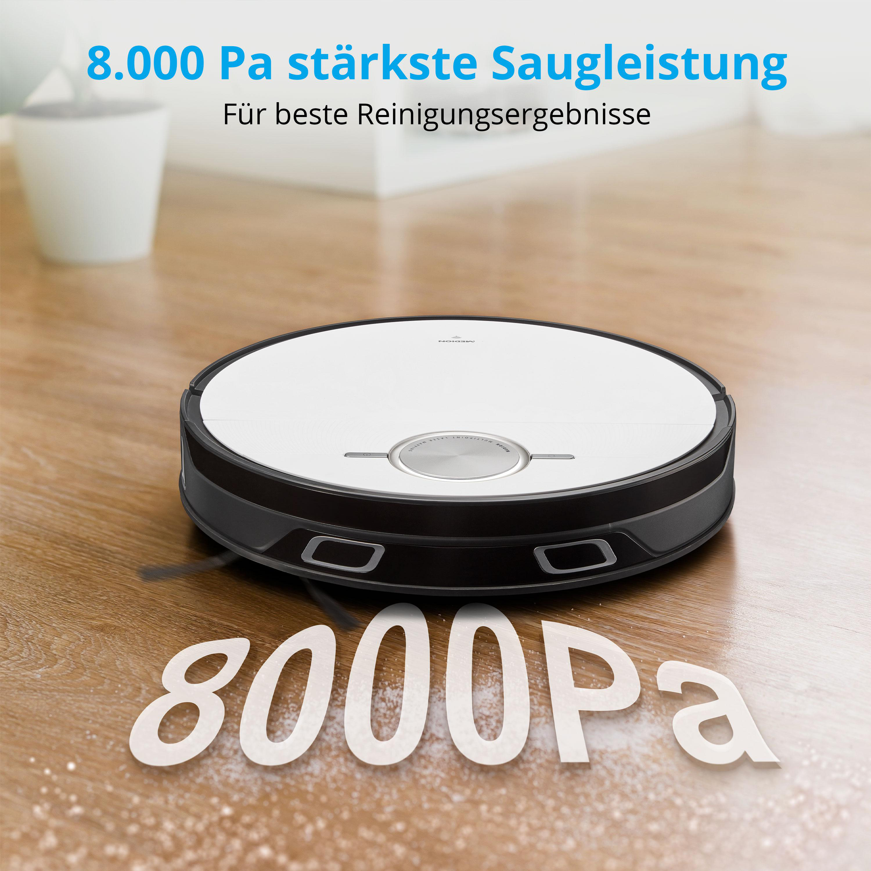 Roboter-Staubsauger mit Textüberlagerung, die 8000Pa Saugkraft zeigt.