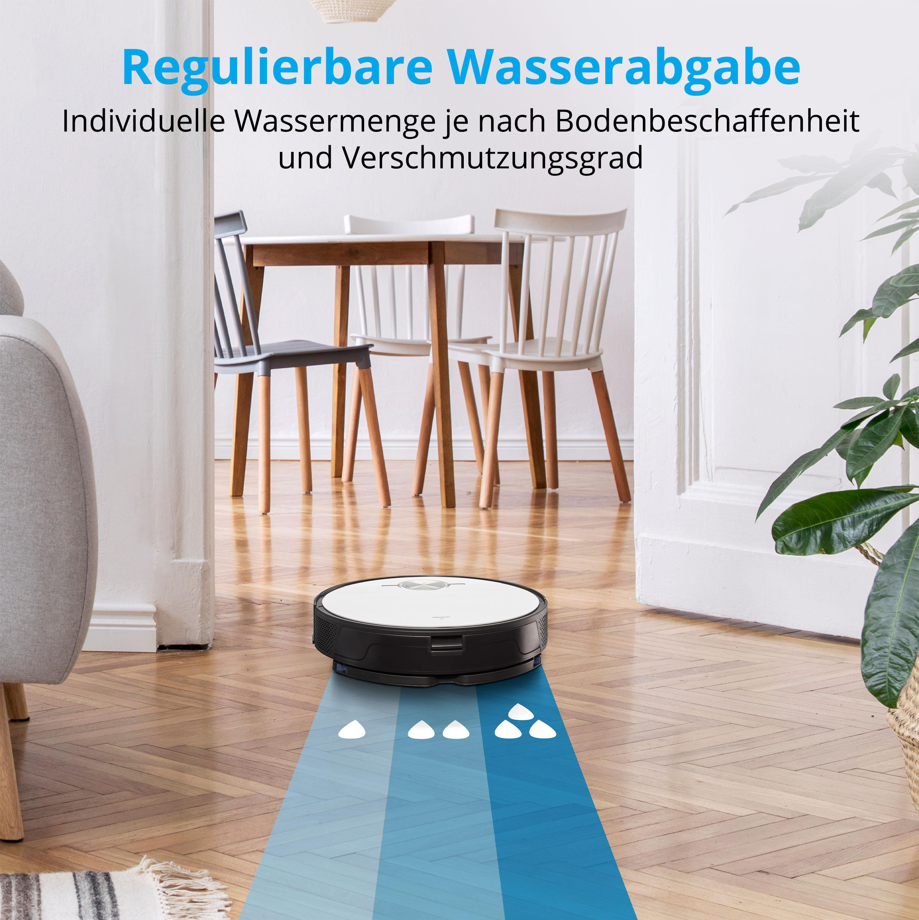 Ein Roboter-Staubsauger reinigt einen Holzboden. Text beschreibt die regulierbare Wasserabgabe.