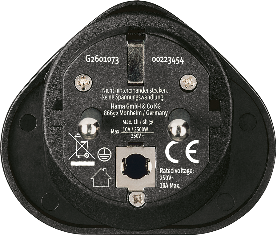 Black power adapter, view of the back with details of voltage and other technical specifications.