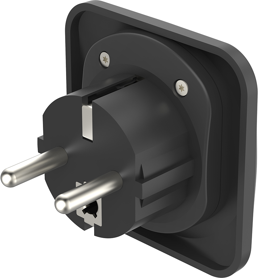 A black power plug with two pins and a square base, angled view against a white background.