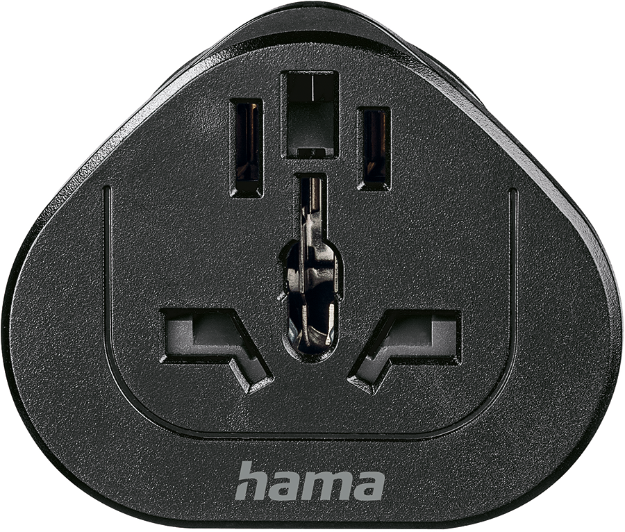 Black power adapter with multiple outlet types. Hama logo. White background.