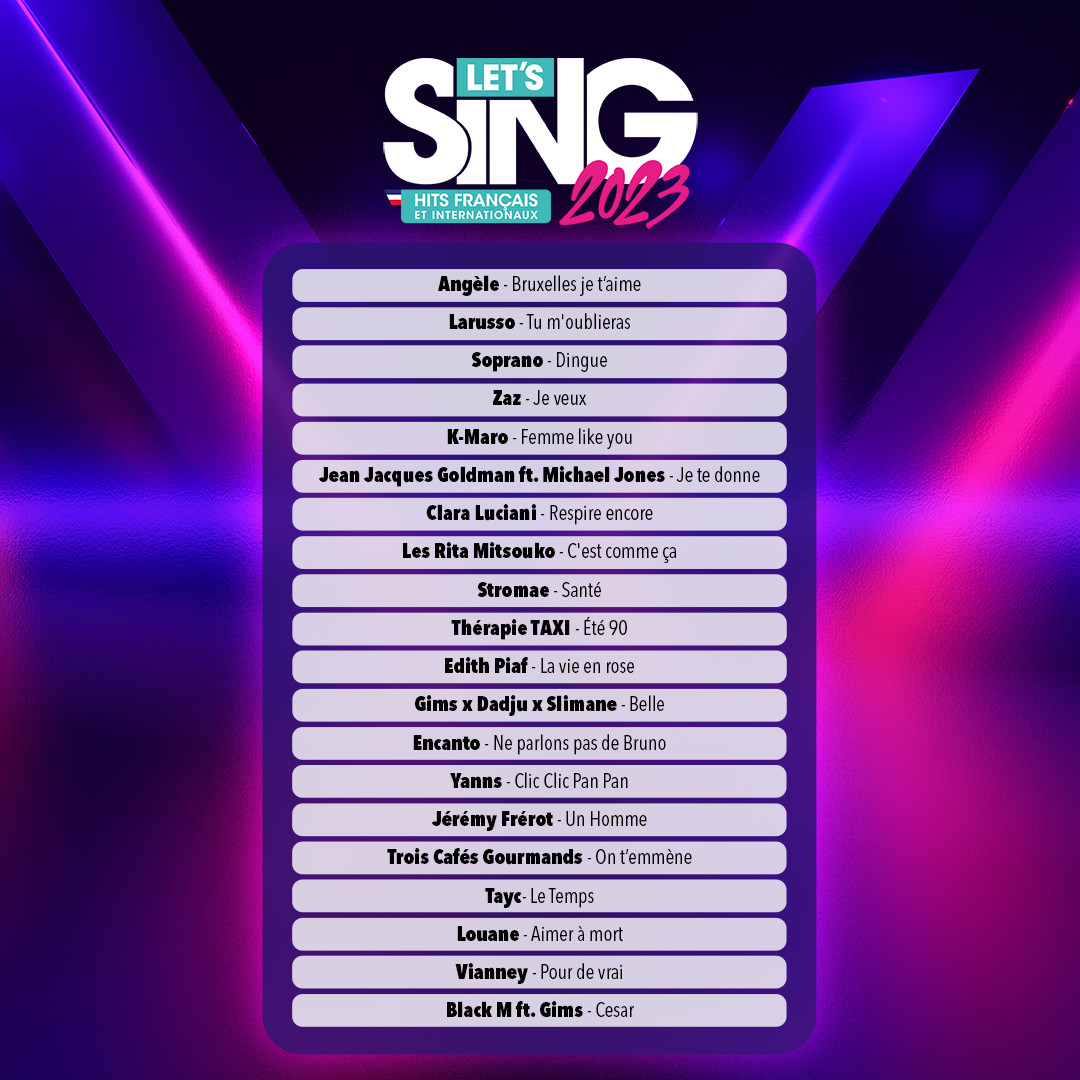 Let's Sing 2023 gamecover met songlijst. Voornamelijk paars, met een blauwe bovenkant.