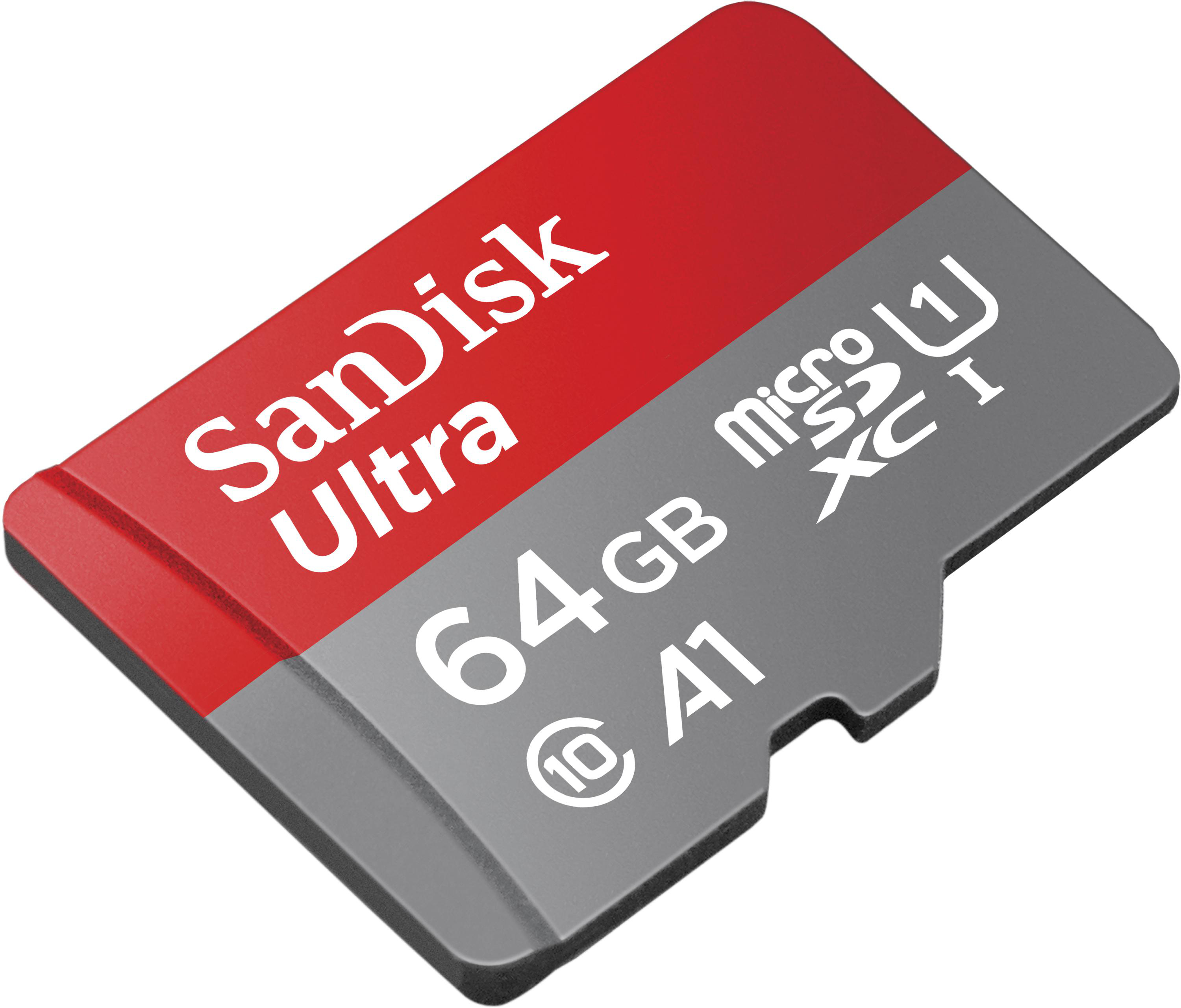 Rote und graue Sandisk Ultra Micro SD-Karte, Text und Spezifikationen sichtbar.