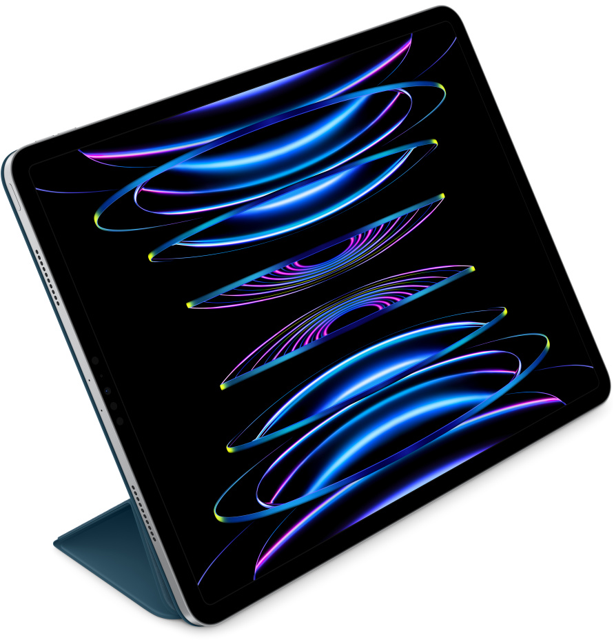 Egy tablet kék borítással. A képernyő neonkék és lila vonalakat mutat.