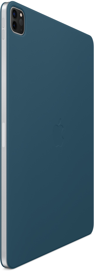 Egy kék iPad ezüst kerettel, hátulján az Apple logóval. A kamera a hátoldalon van.