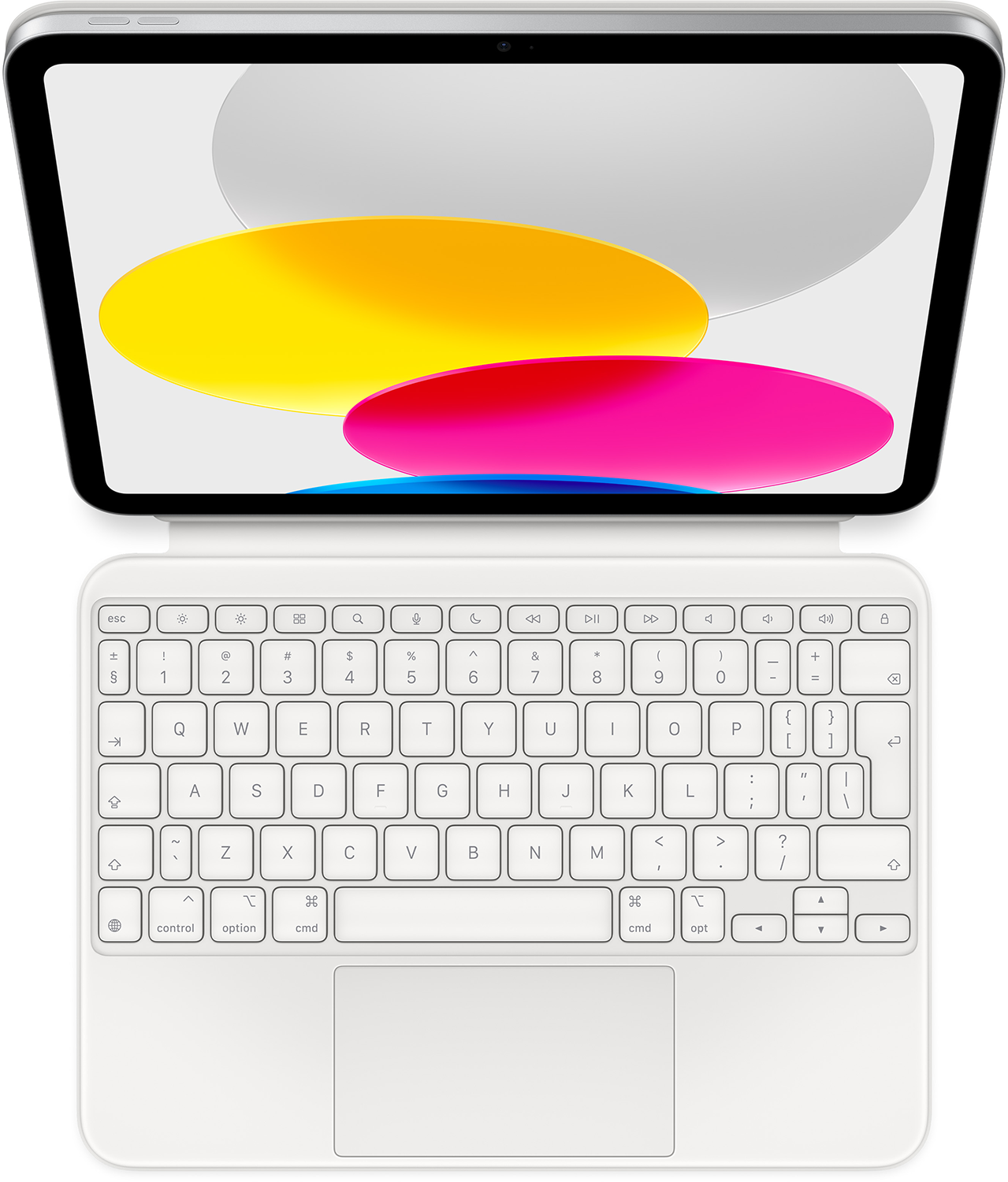 Tablet billentyűzettel, fehér, absztrakt színes dizájnt mutat, fehér háttér.