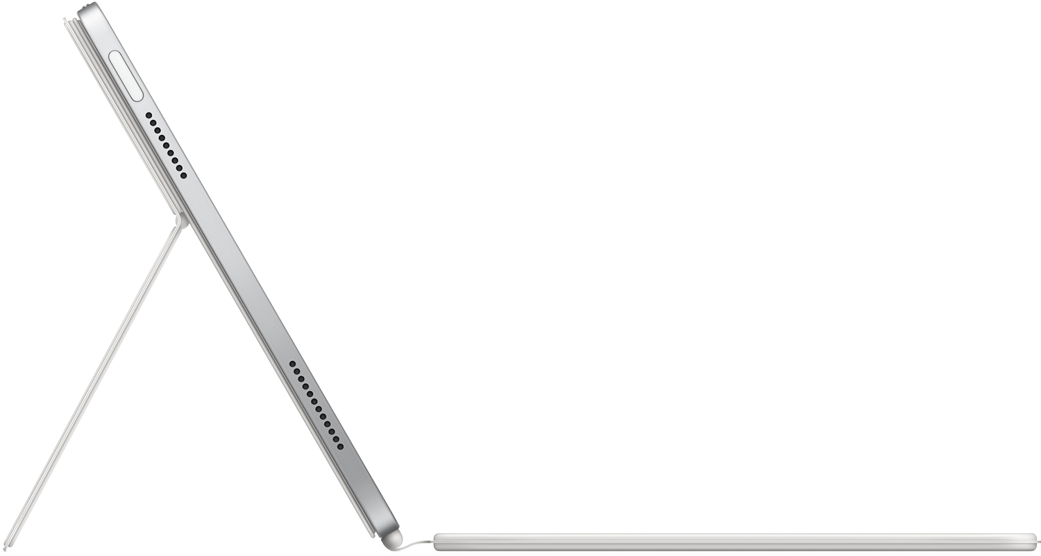 Ezüst iPad billentyűzet tokkal és ceruzával. Az iPad nyitva van, a ceruza az oldalán van.