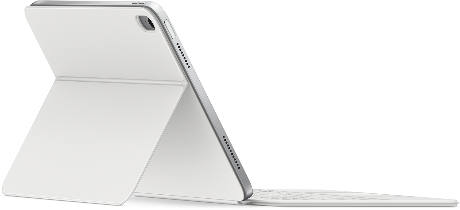 Fehér iPad Pro Smart Keyboard Coverrel, ferdén nyitva.
