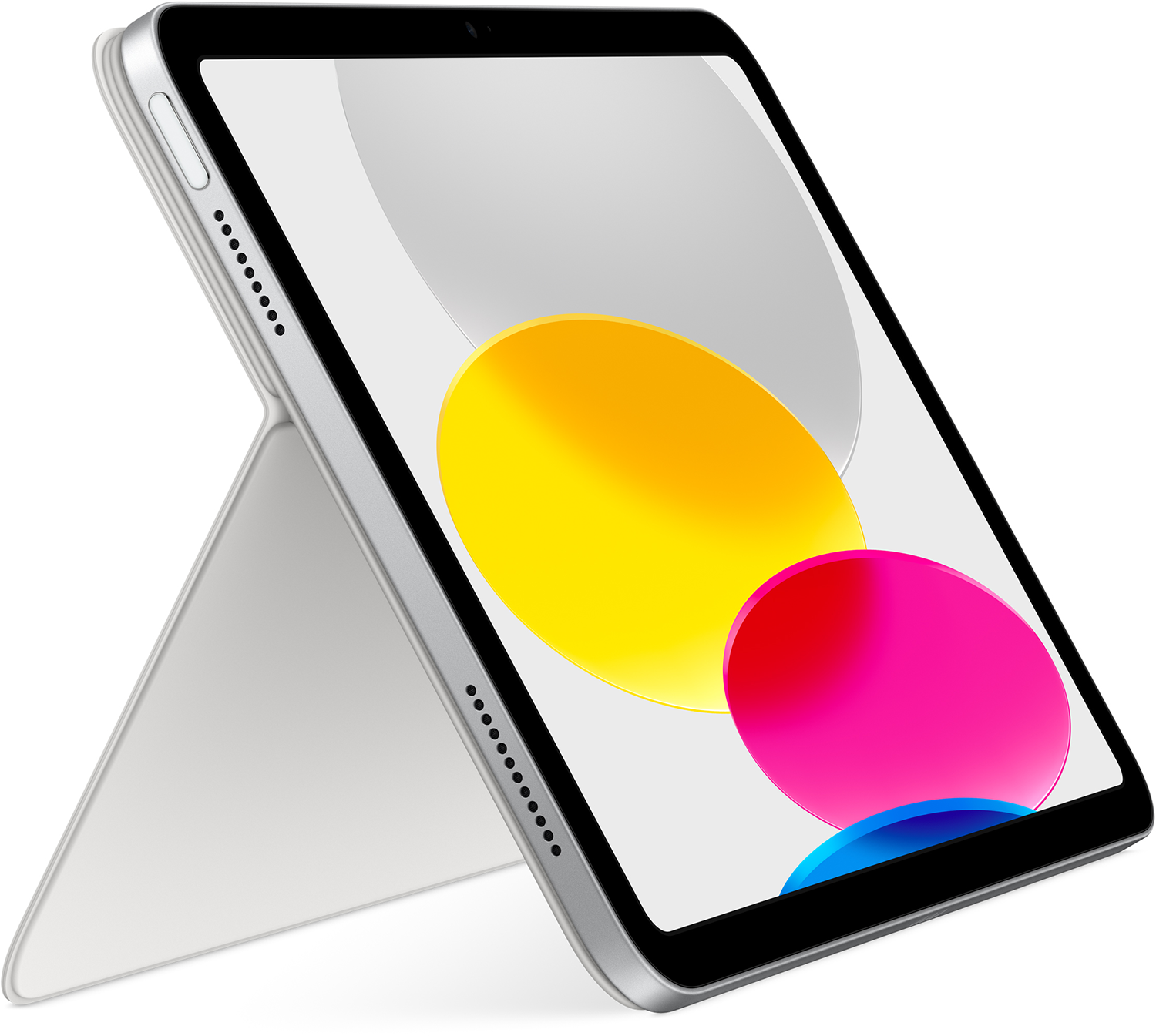 Egy iPad ferdén látható, egy tok állvánnyal. A képernyő színes formákat jelenít meg.