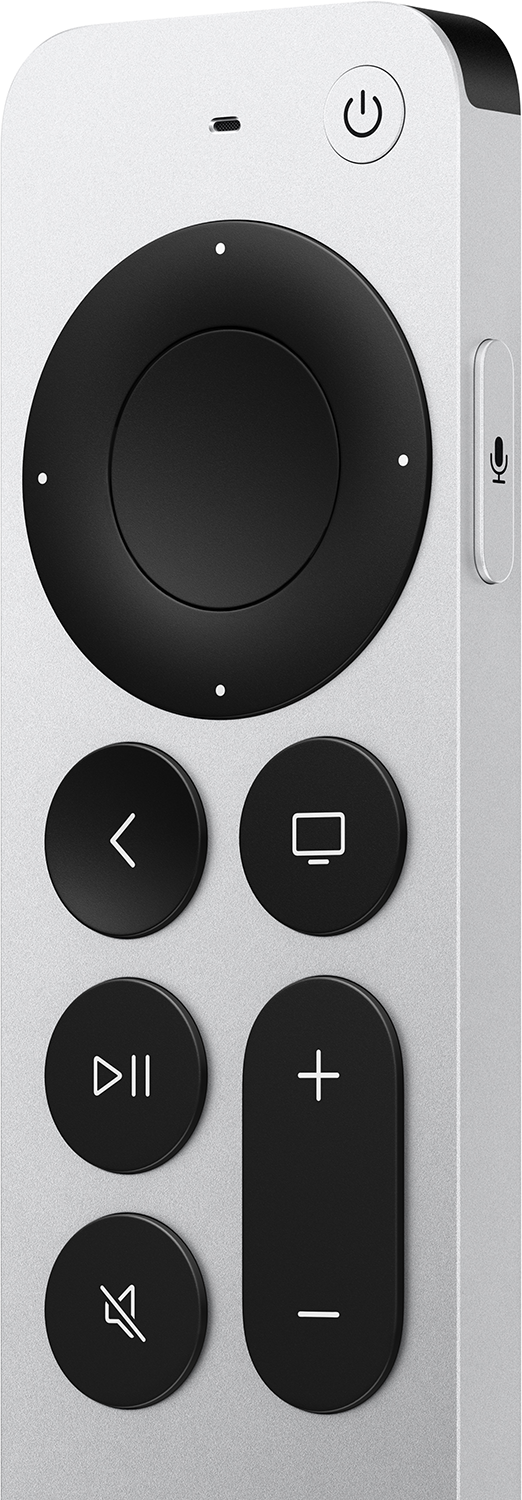 Ezüst Apple TV távirányító fekete gombokkal. A bekapcsológomb és egy mikrofon gomb látható.