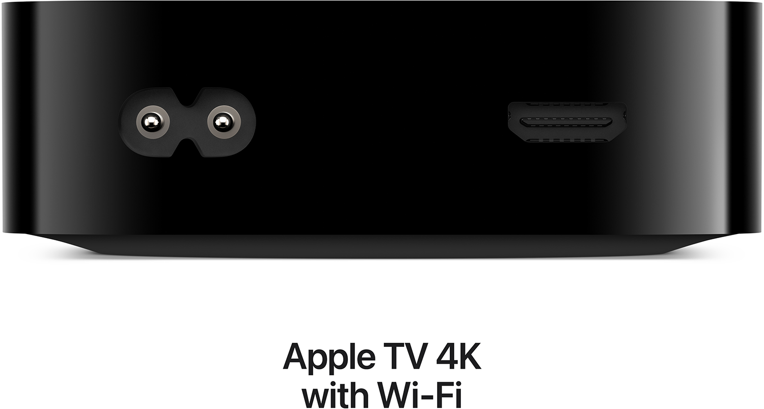 A fekete Apple TV 4K hátulnézete, táp- és HDMI-portokkal.