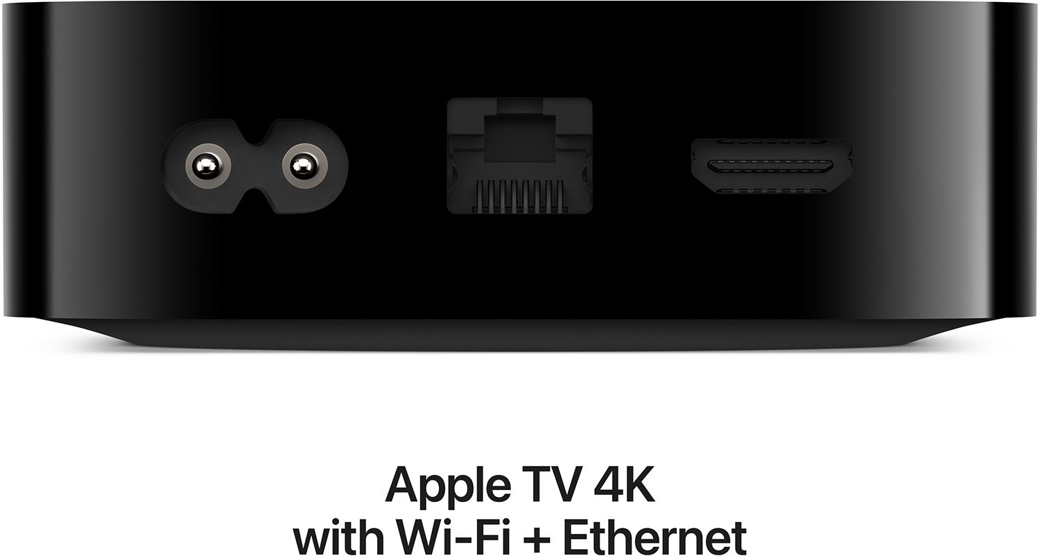 Fekete Apple TV 4K portokkal, beleértve a tápellátást, Ethernetet és HDMI-t.