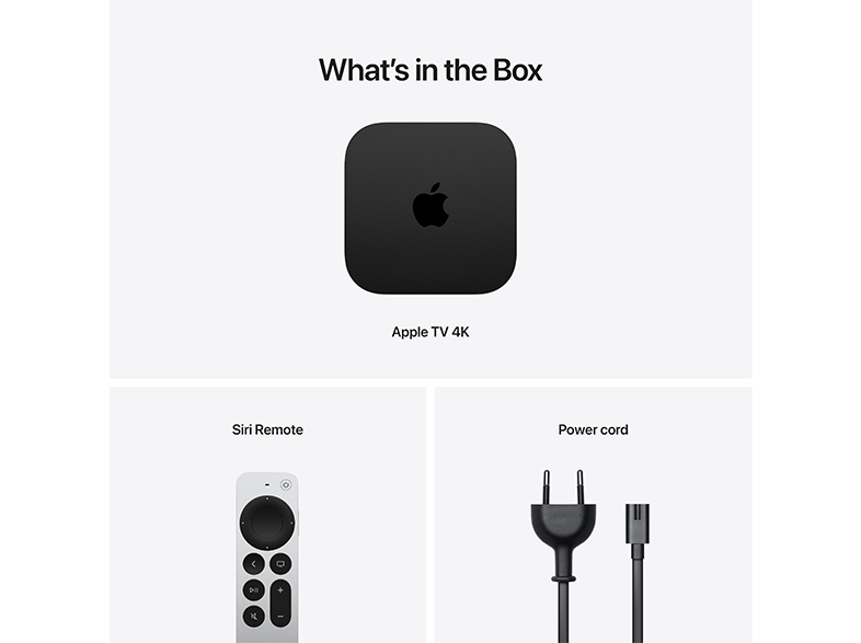 Apple TV 4K doboz és tartozékai: Siri Remote és tápkábel, mind fehér háttér előtt.