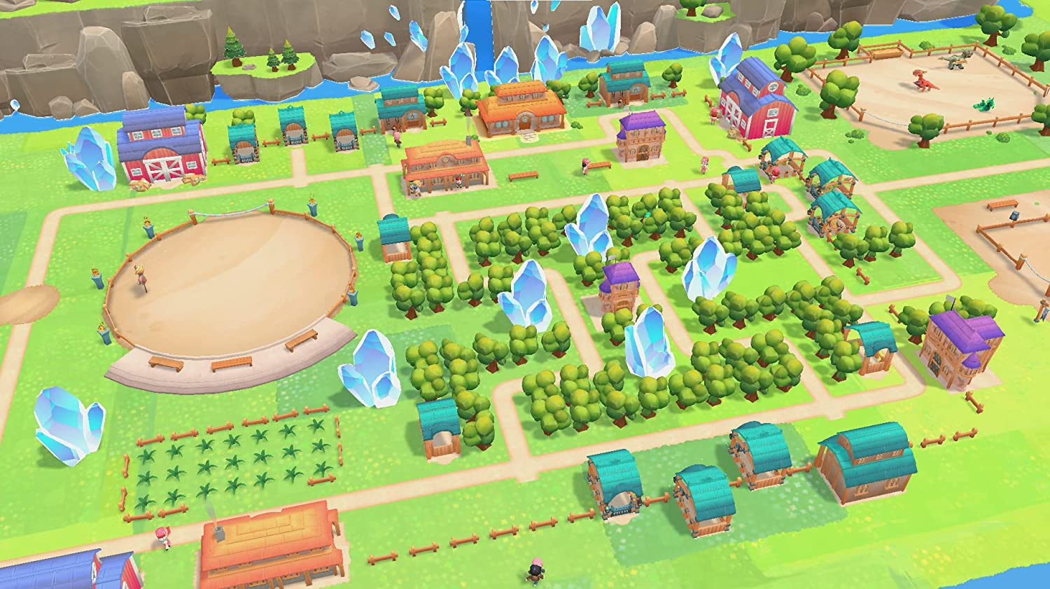 Vista de pájaro de un pueblo de dibujos animados con edificios, árboles y campos. Fondo blanco. Estilo cartoon.