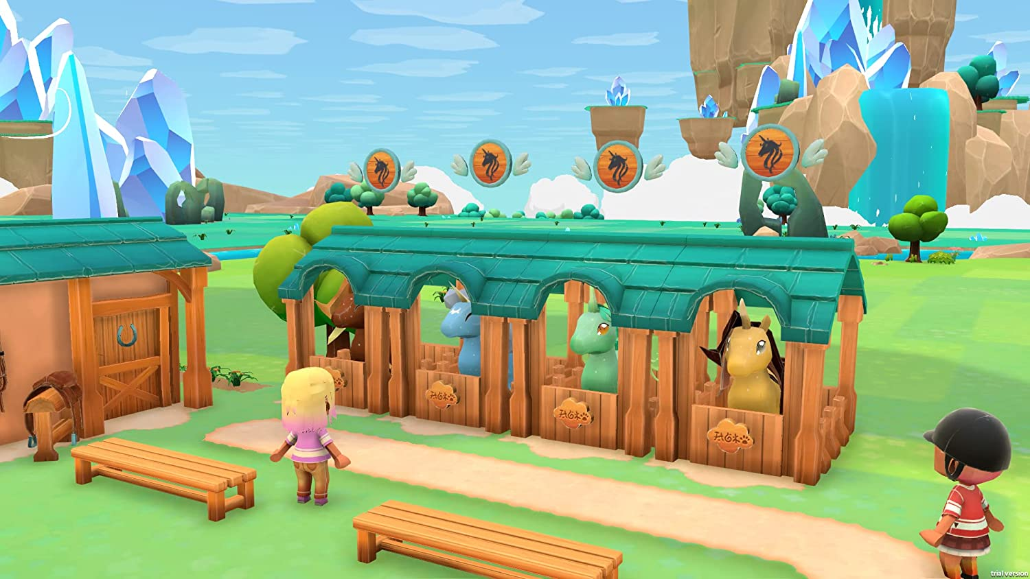 Escena de dibujos animados de una granja con caballos en establos y dos niños jugando.