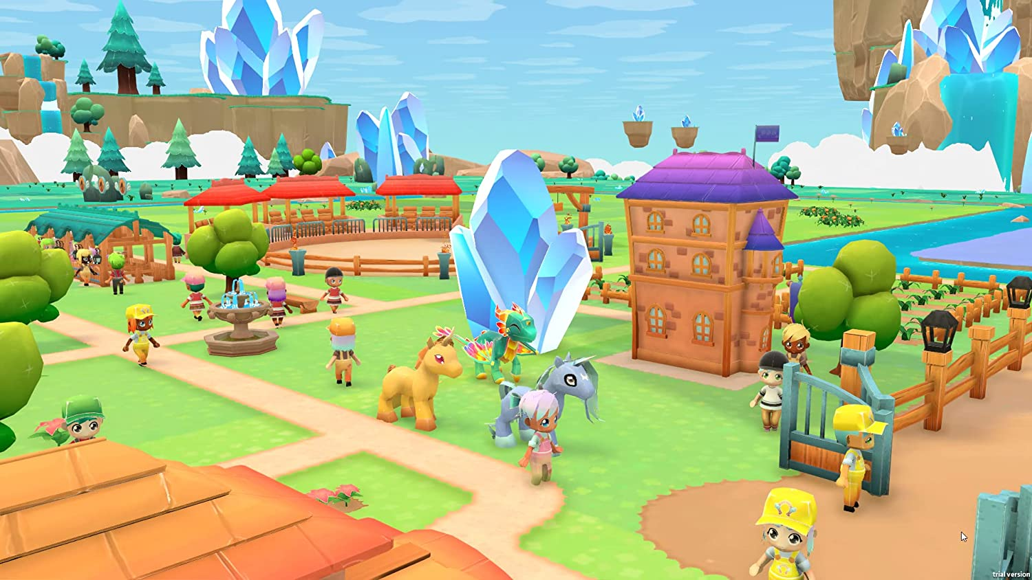 Un pueblo de estilo cartoon con figuras, edificios y elementos decorativos. Escena brillante y colorida.