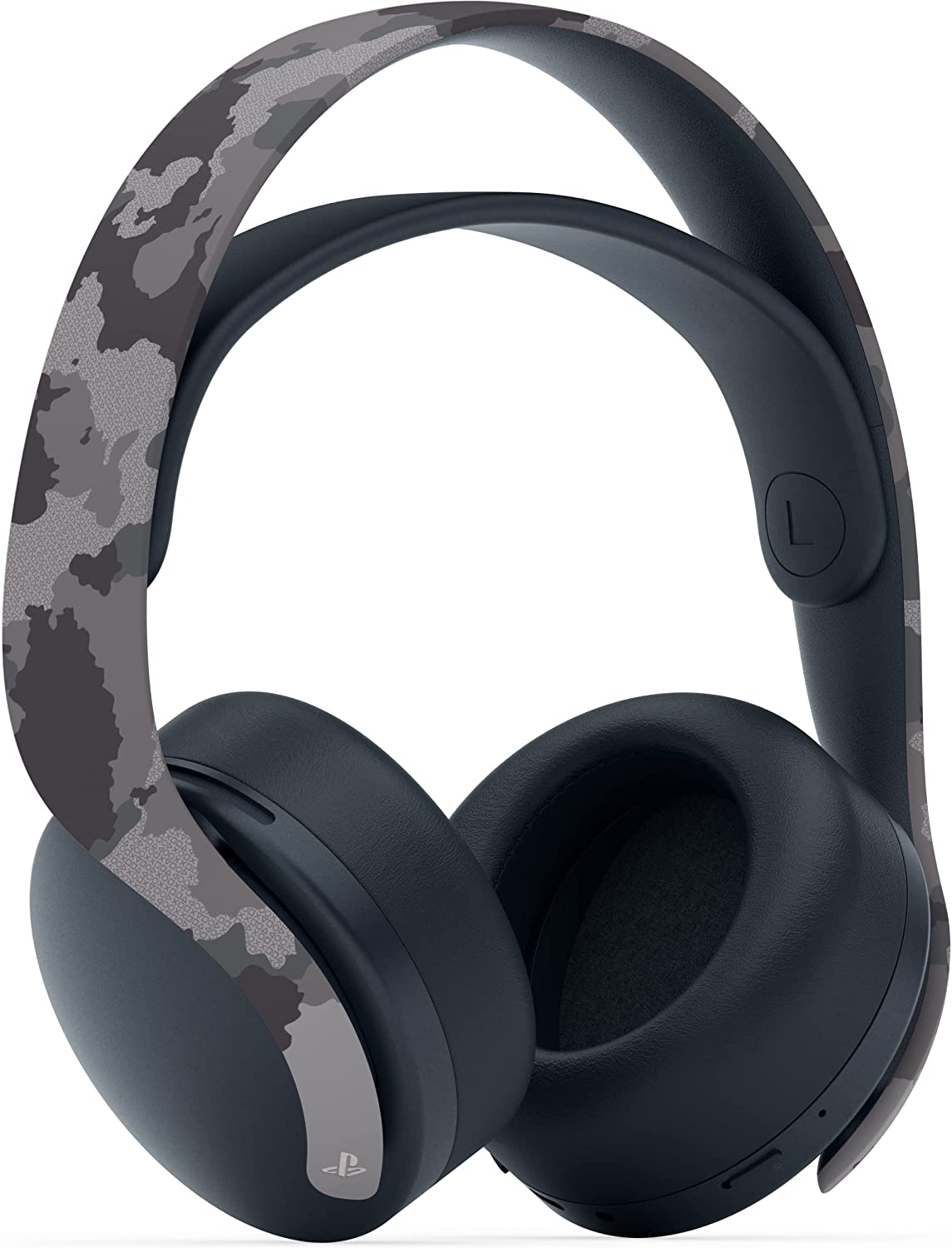 Auriculares negros y grises camuflados. El lado derecho tiene una 'L' grande y el izquierdo un logo de PlayStation.