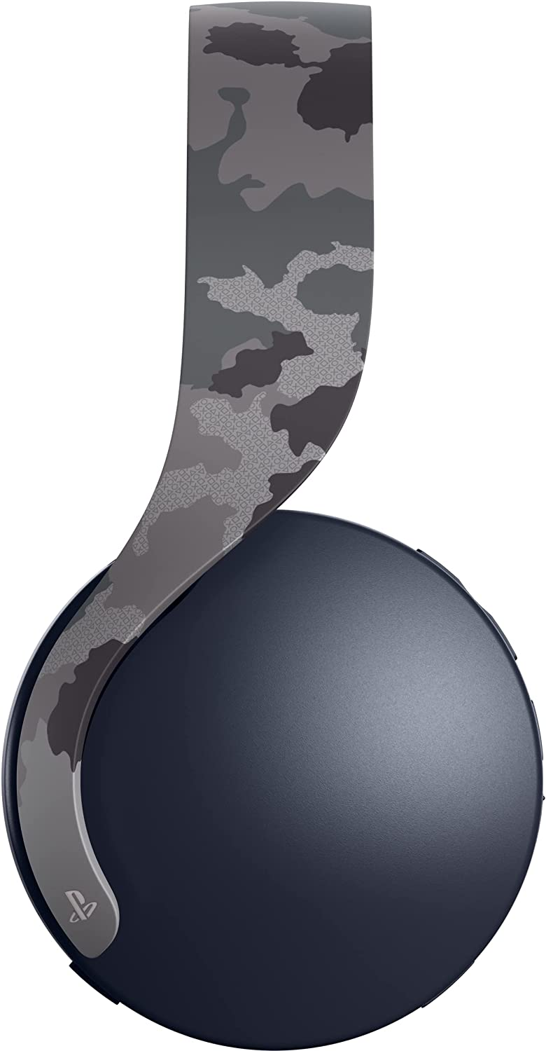 Unos auriculares supraaurales con diseño de camuflaje azul y gris. El logotipo de Playstation es visible.