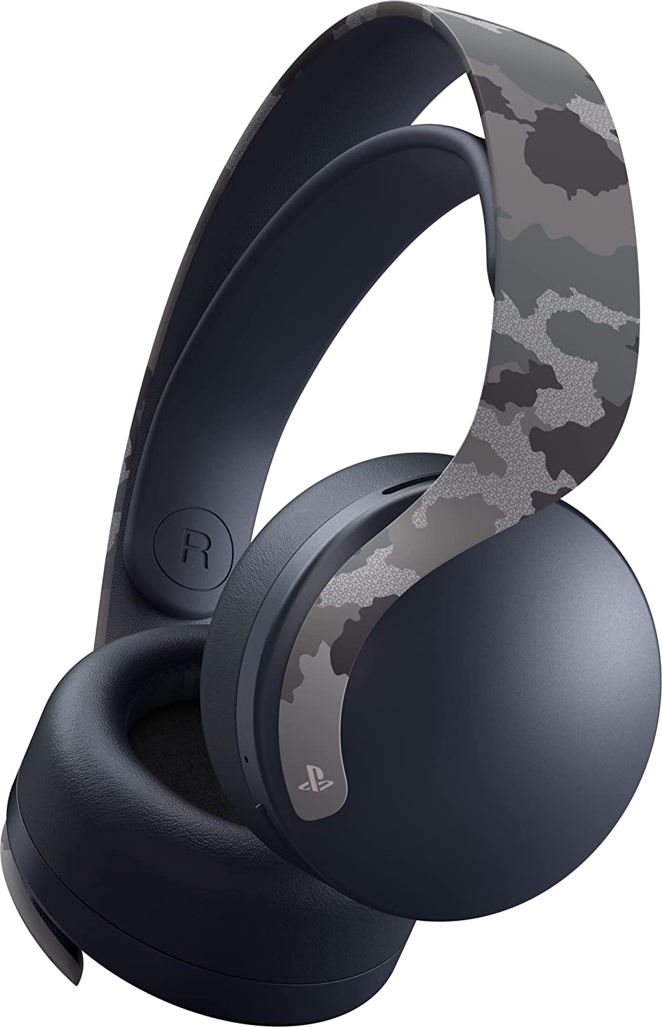 Auriculares PS5 de camuflaje negro y gris. Presentan un diseño de camuflaje único en la diadema y los auriculares.