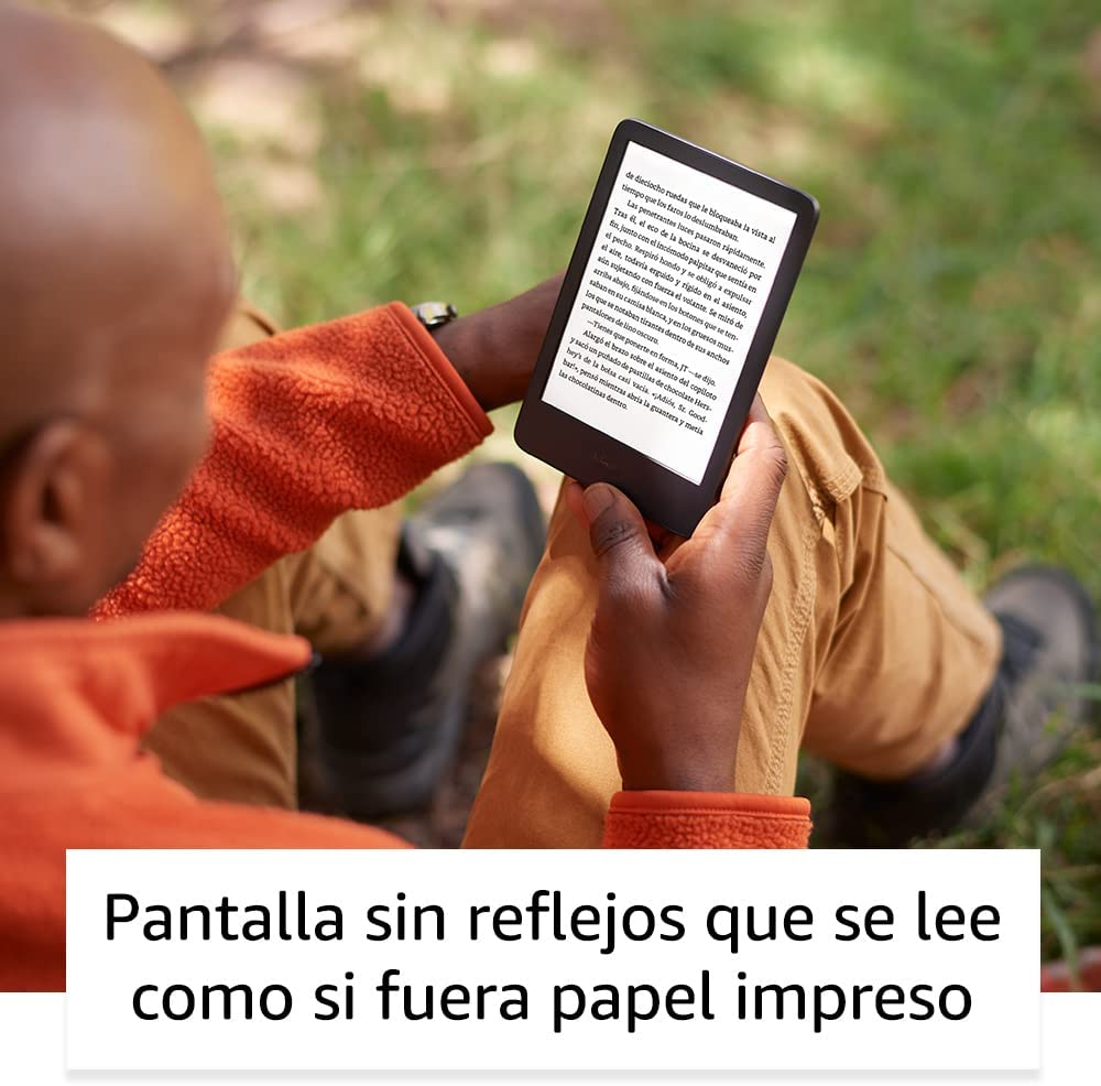 Persona con chaqueta naranja leyendo un ebook. El ebook dice 'Pantalla sin reflejos... como si fuera papel impreso'.