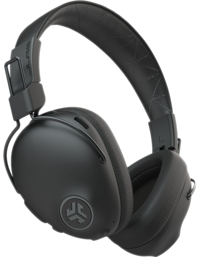 Casque circum-auriculaire noir. Les écouteurs sont noirs avec un logo, et le bandeau est noir.