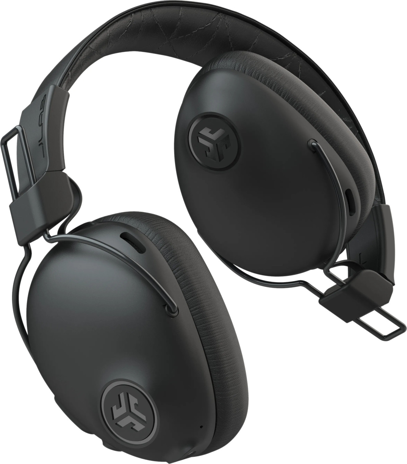 Casque JLab noir sur fond blanc. Vue montre écouteurs, arceau et bras métalliques.