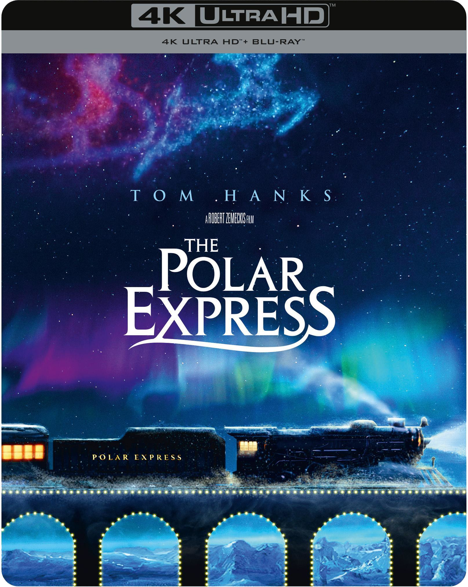 Polar Express Blu-ray filmhoes. Toont een trein 's nachts met de naam van Tom Hanks bovenaan.