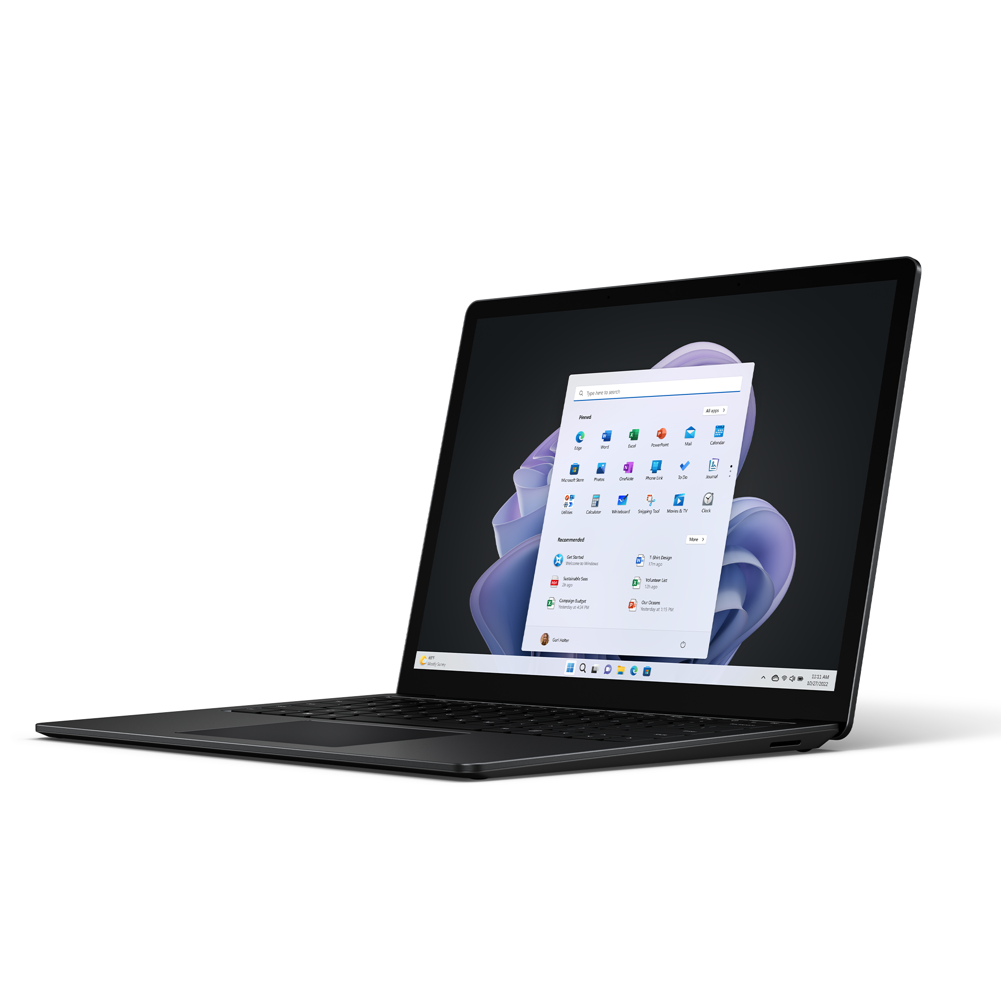 Portátil con interfaz Windows 11 en pantalla, teclado negro, fondo blanco.