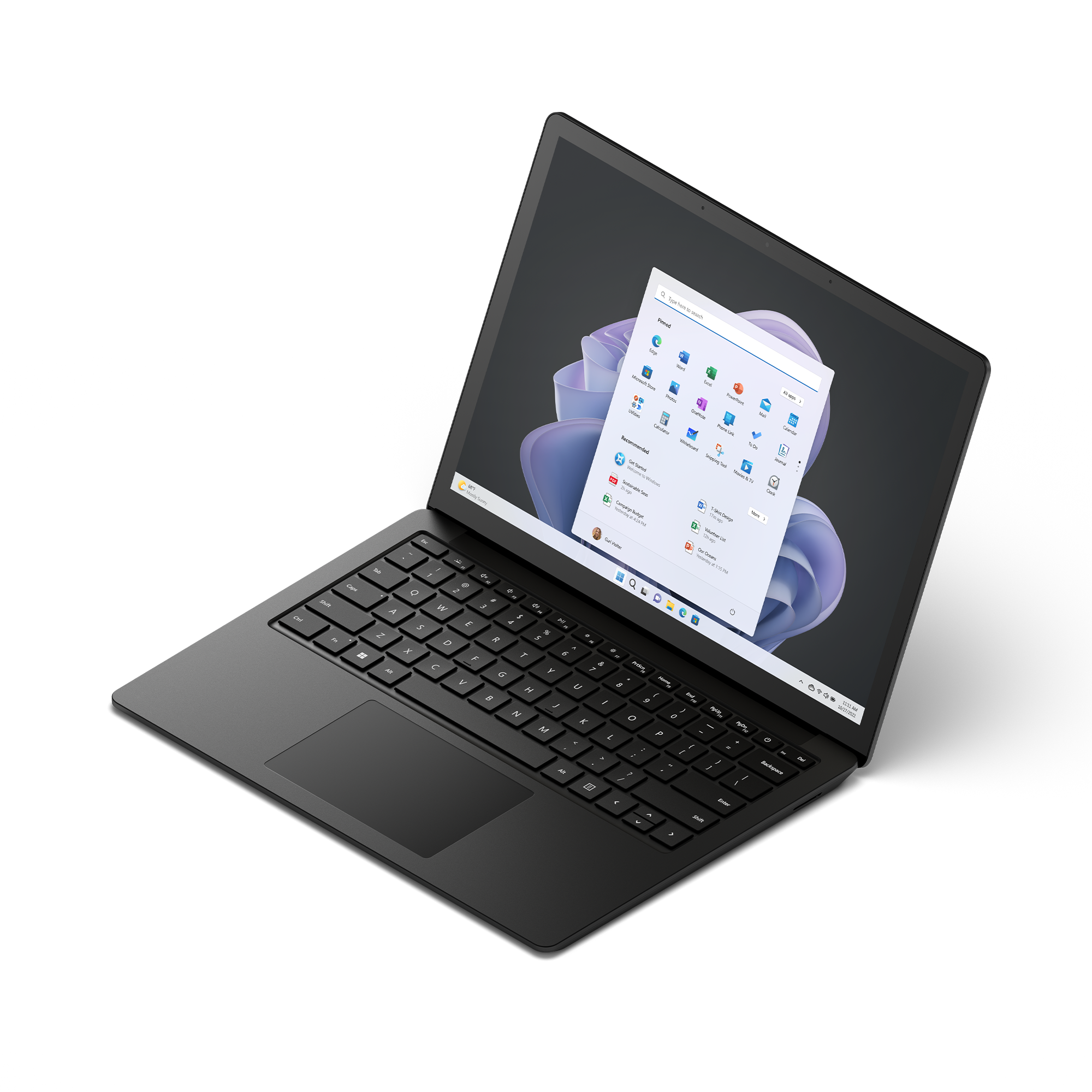 Portátil negro sobre fondo blanco, la pantalla muestra la interfaz de Windows.
