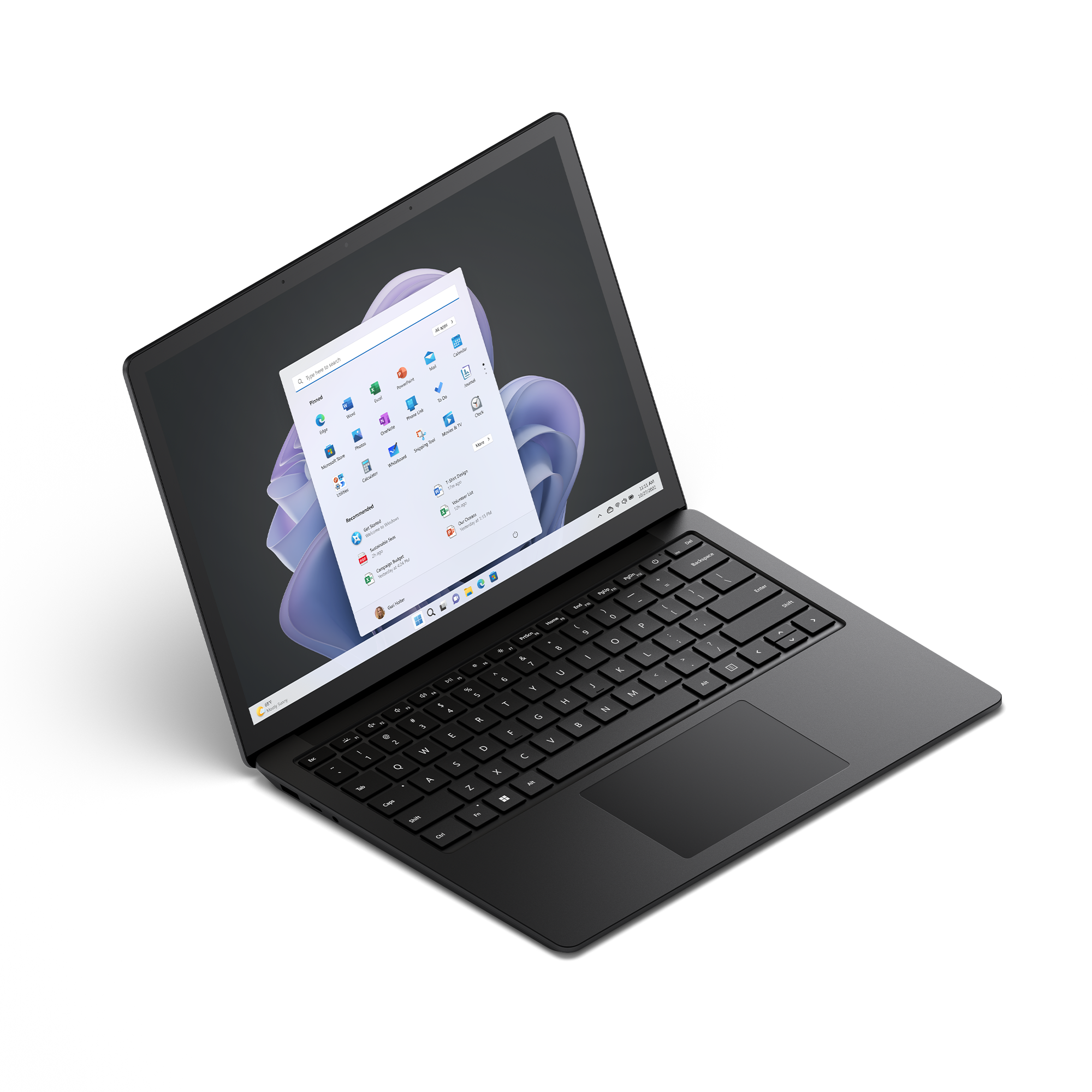 Portátil negro abierto con pantalla Windows 11. El teclado es visible.
