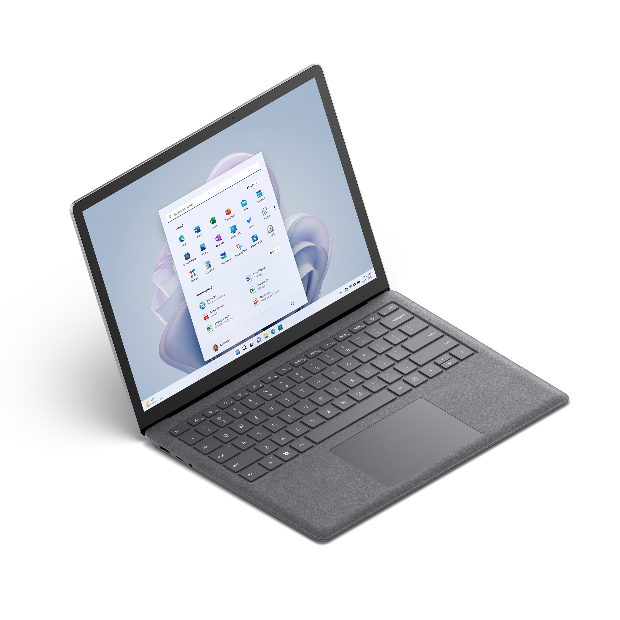 Portátil abierto. Escritorio Windows 11 en pantalla. Teclado gris. Fondo blanco. Portátil en el centro.
