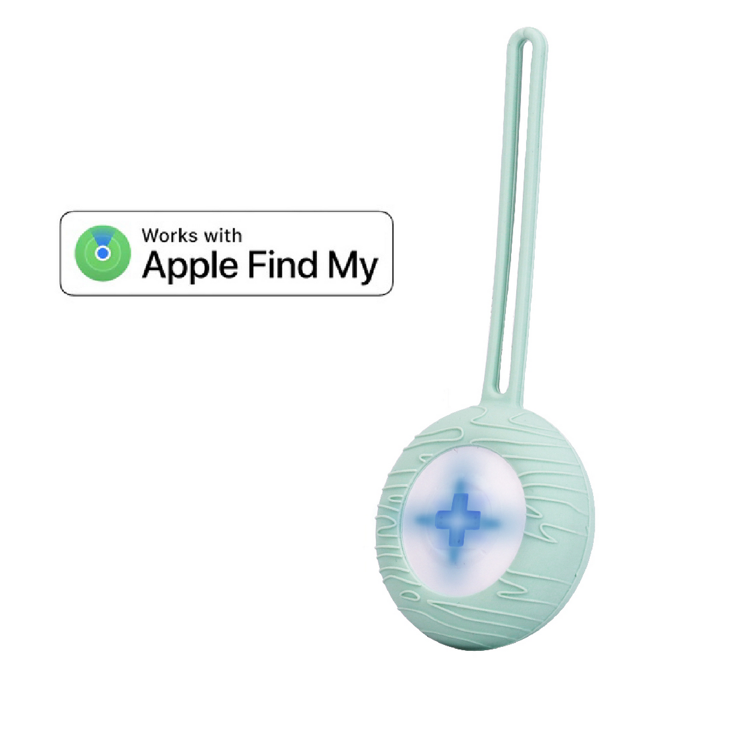 A teal-colored tracker with a loop. A white label says "Works with Apple Find My".