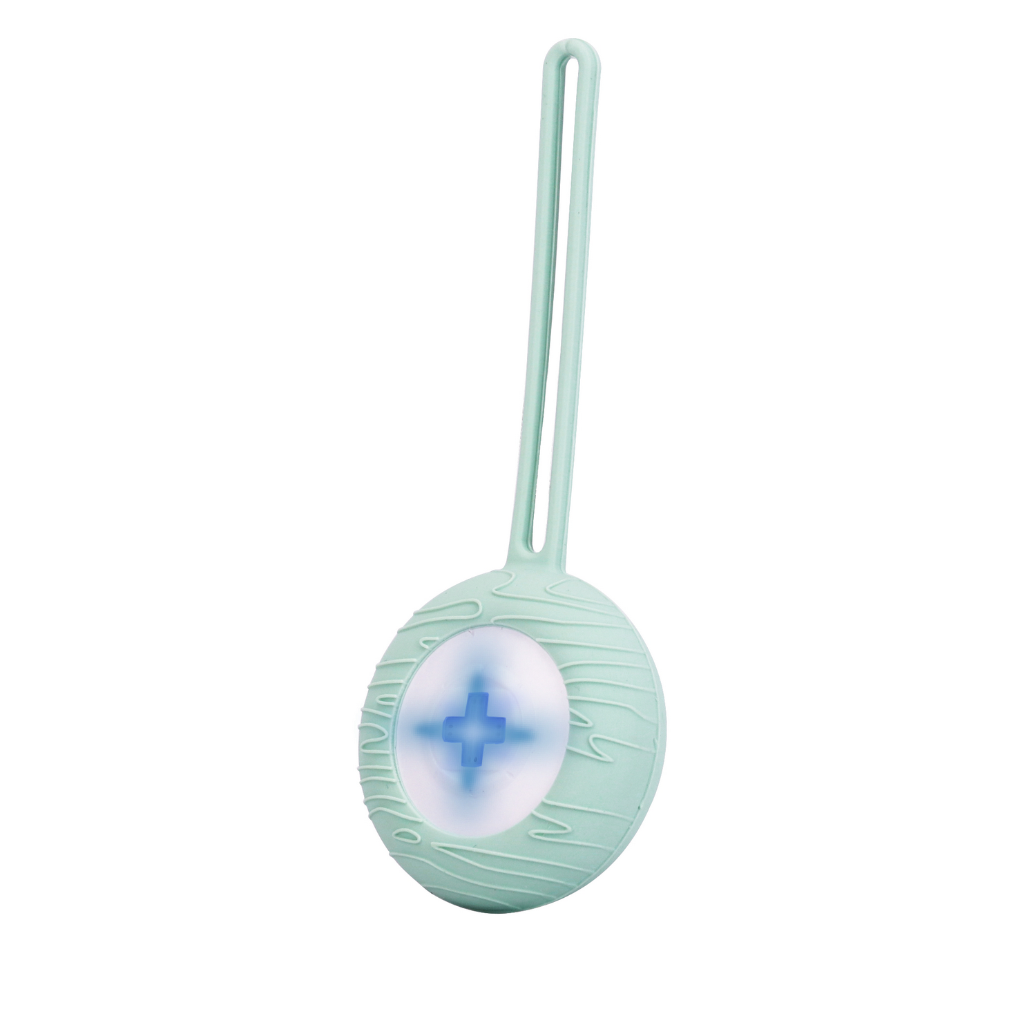Teal-colored silicone toy with a cross design. It has a long loop for hanging.