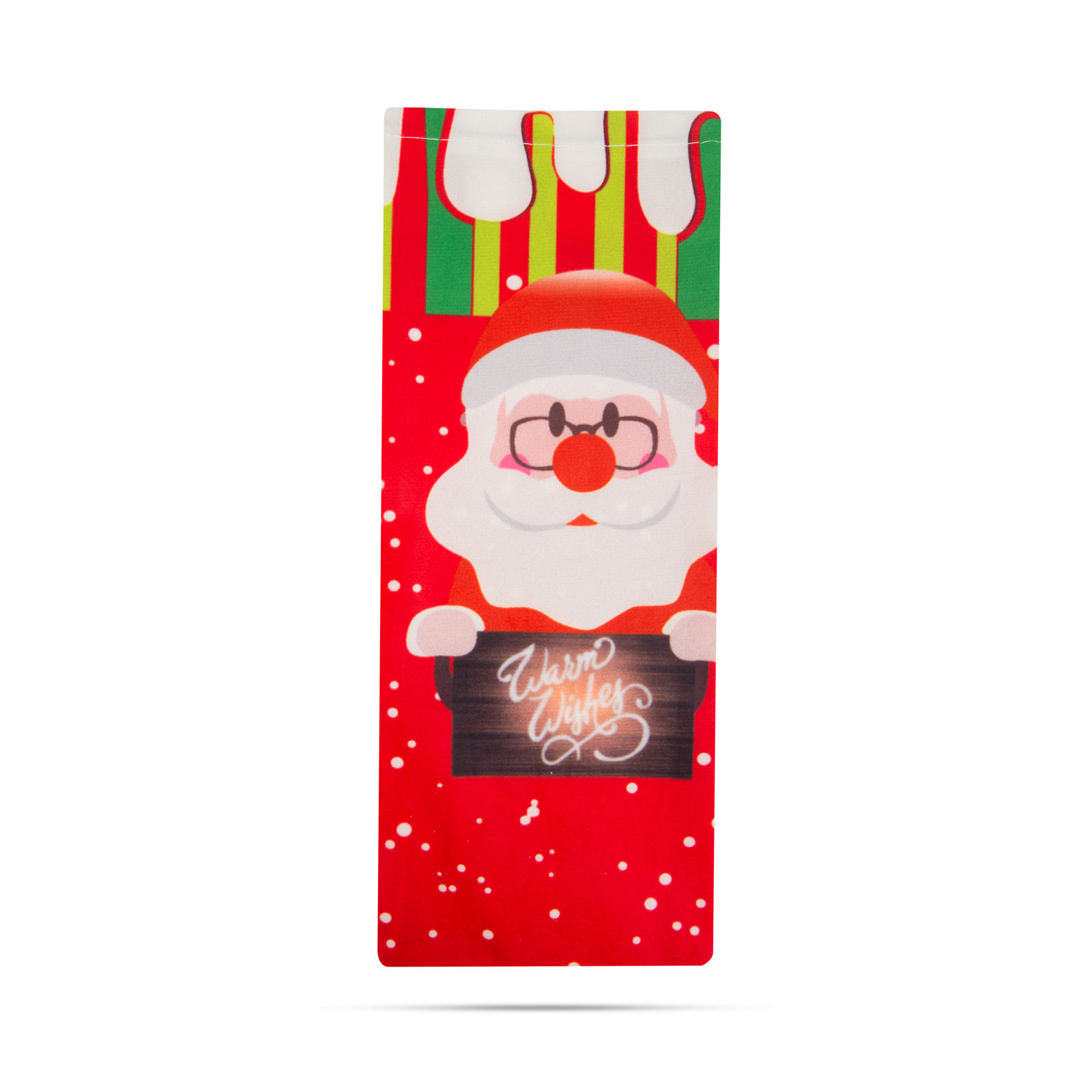 Egy karácsonyi ajándéktasak Mikulás illusztrációval és a 'Warm Wishes' felirattal.