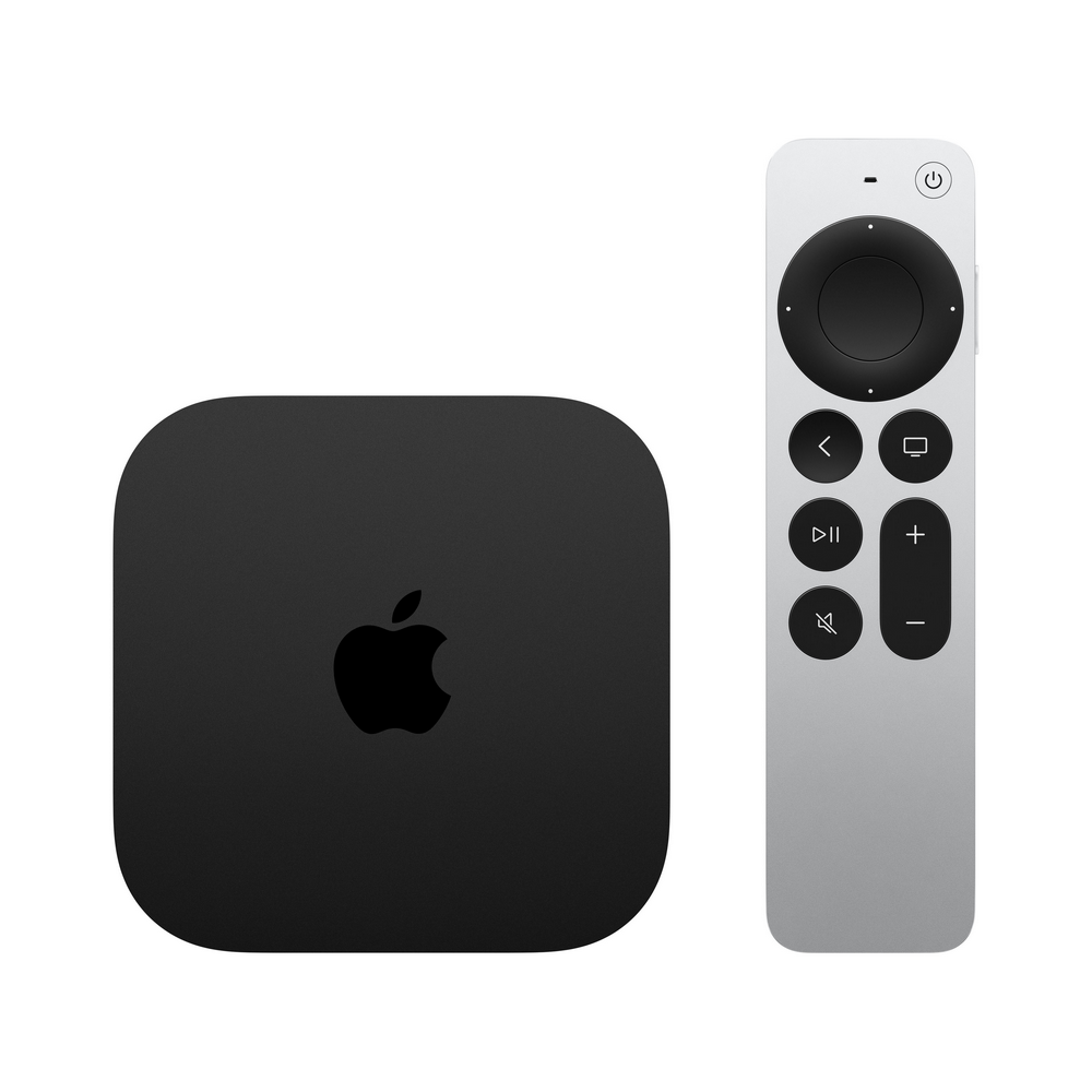 Caja negra de Apple TV y mando a distancia plateado. Logotipo de Apple en la caja. El mando tiene panel circular.