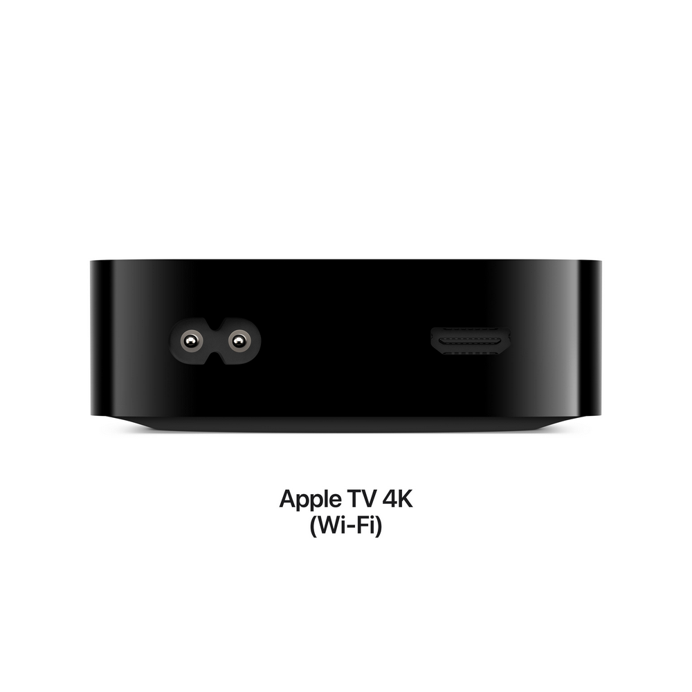 Dispositivo Apple TV 4K negro. La parte trasera tiene puertos de alimentación y HDMI.