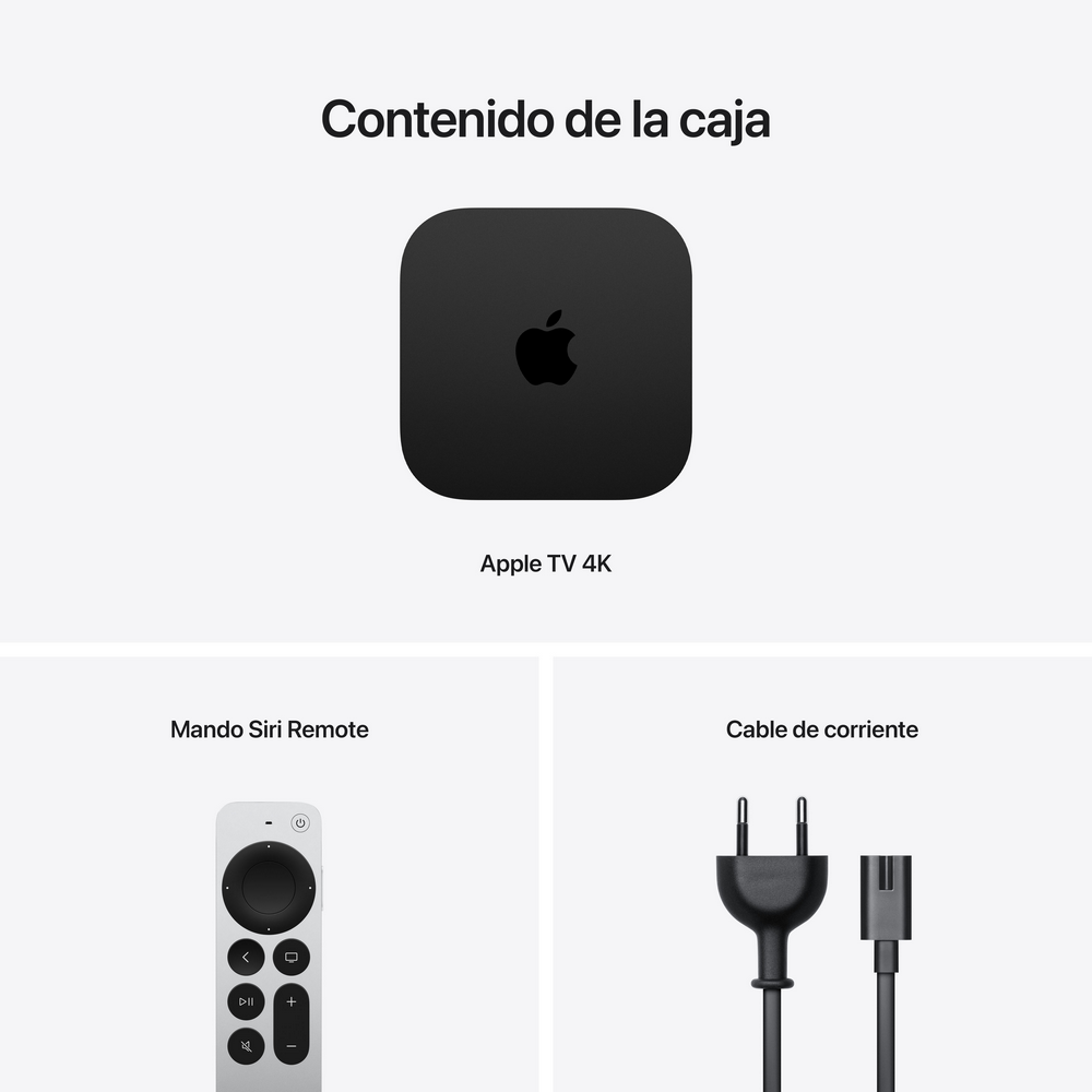 Apple TV 4K, mando Siri y cable de alimentación mostrados sobre un fondo blanco.