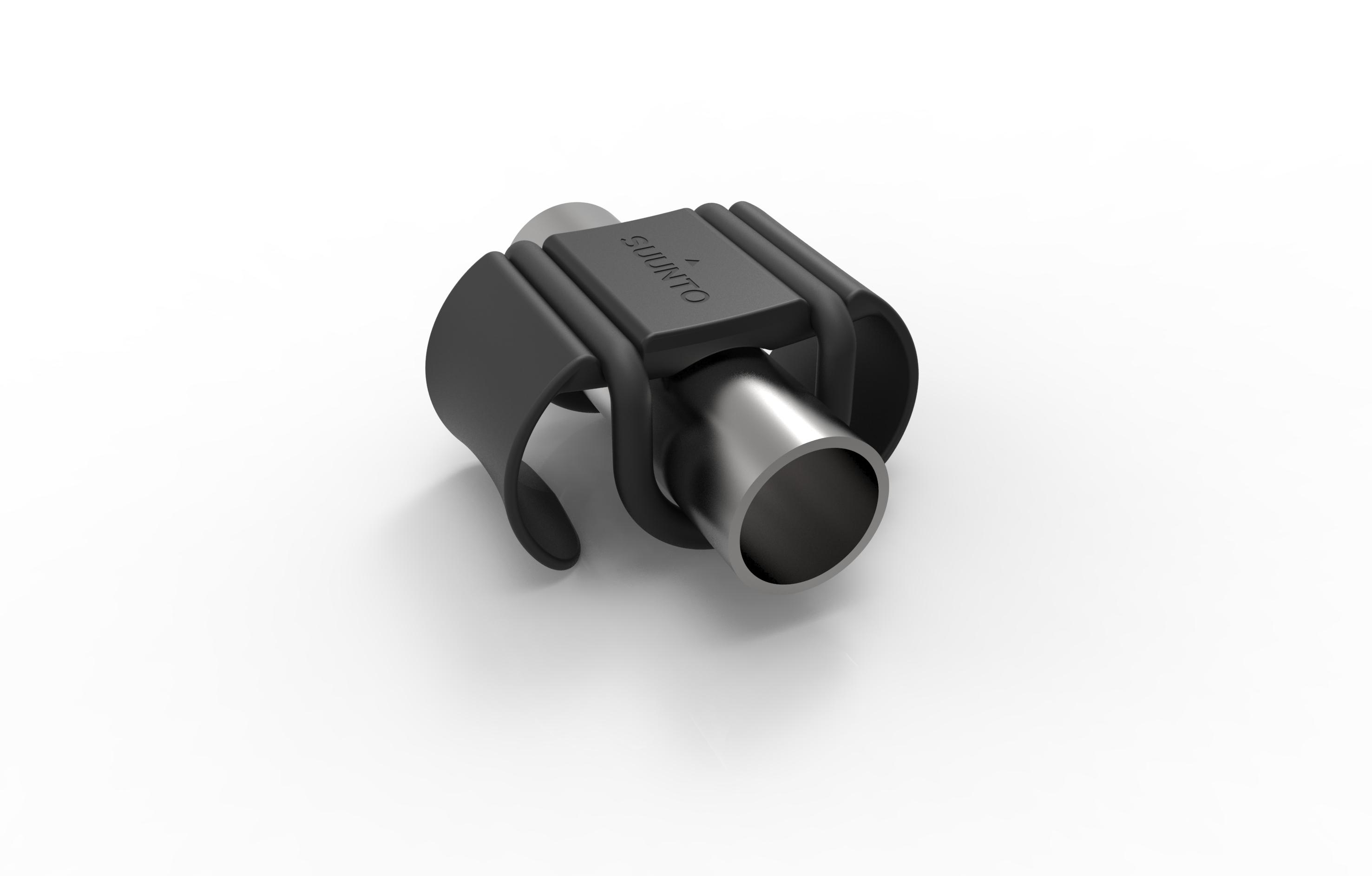 Schwarzes Suunto-Gerät. Es hat einen zylindrischen Körper und ein schwarzes Armband. Das Markenlogo befindet sich oben.