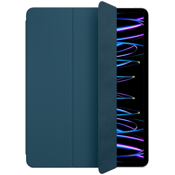 Funda azul para una tableta, abierta para revelar una pantalla negra con arte digital colorido.