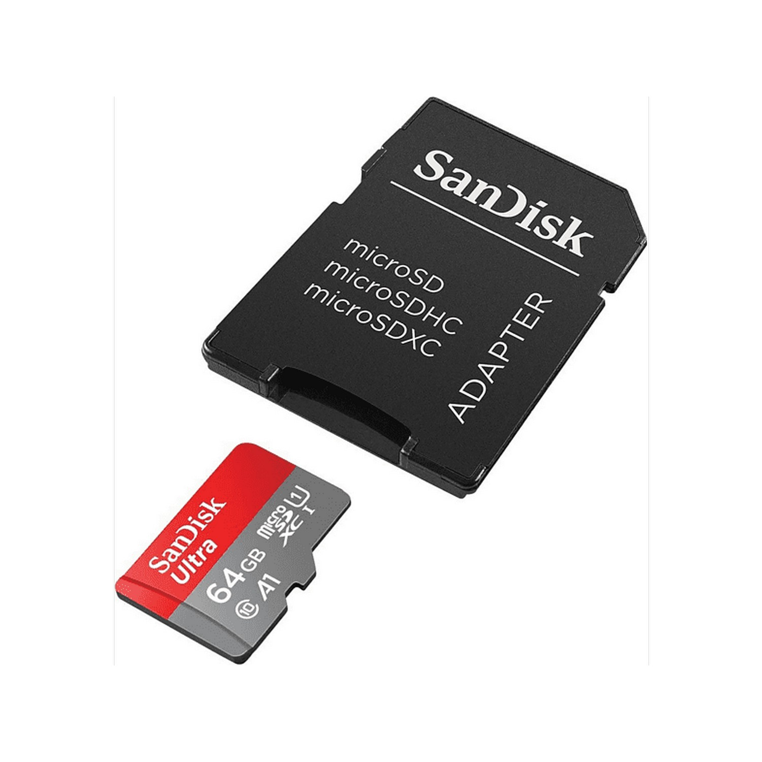 Una tarjeta microSD y un adaptador. La tarjeta es roja y gris, con una etiqueta de 64 GB.