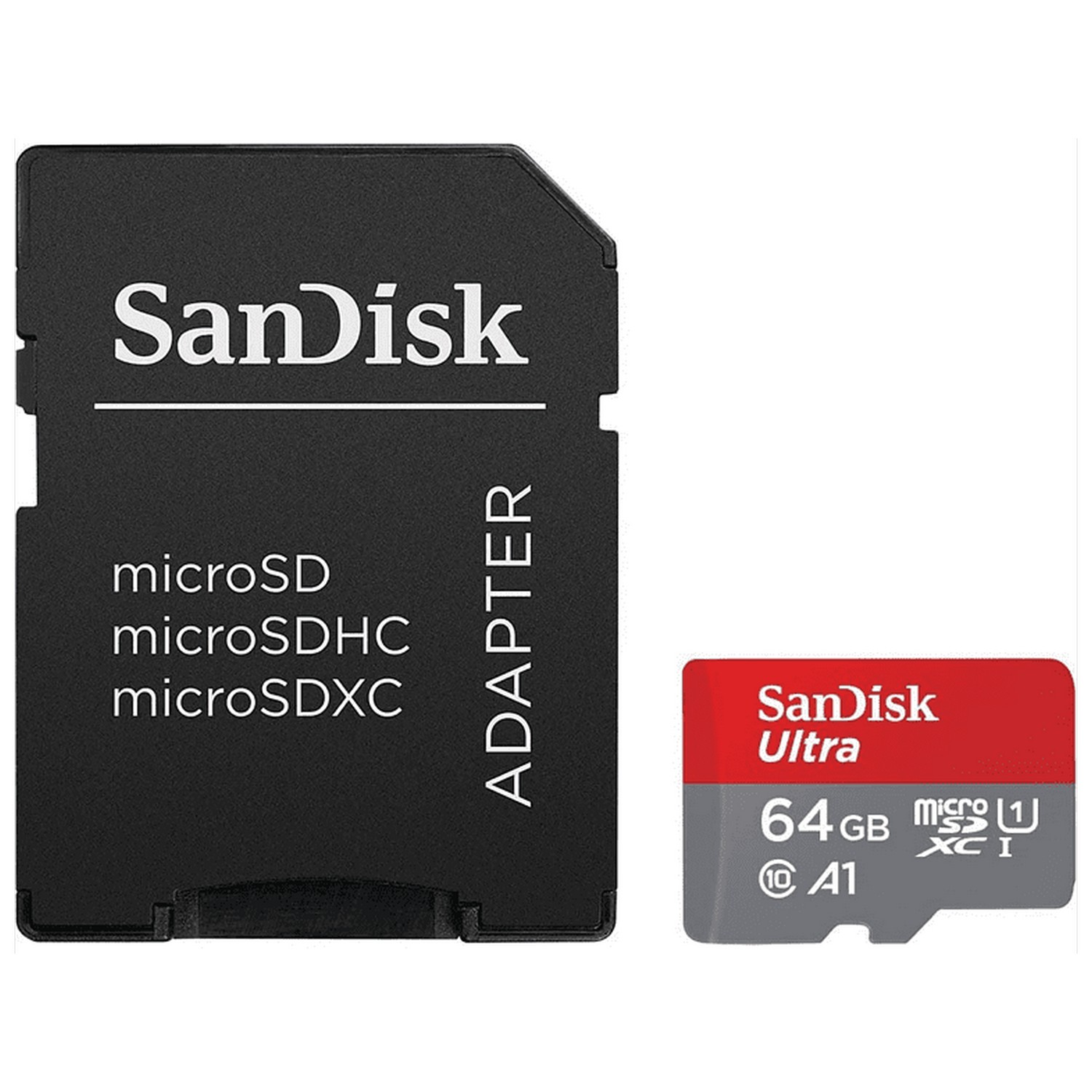 Un adaptador de tarjeta SD Sandisk y una tarjeta microSD Sandisk Ultra de 64GB.