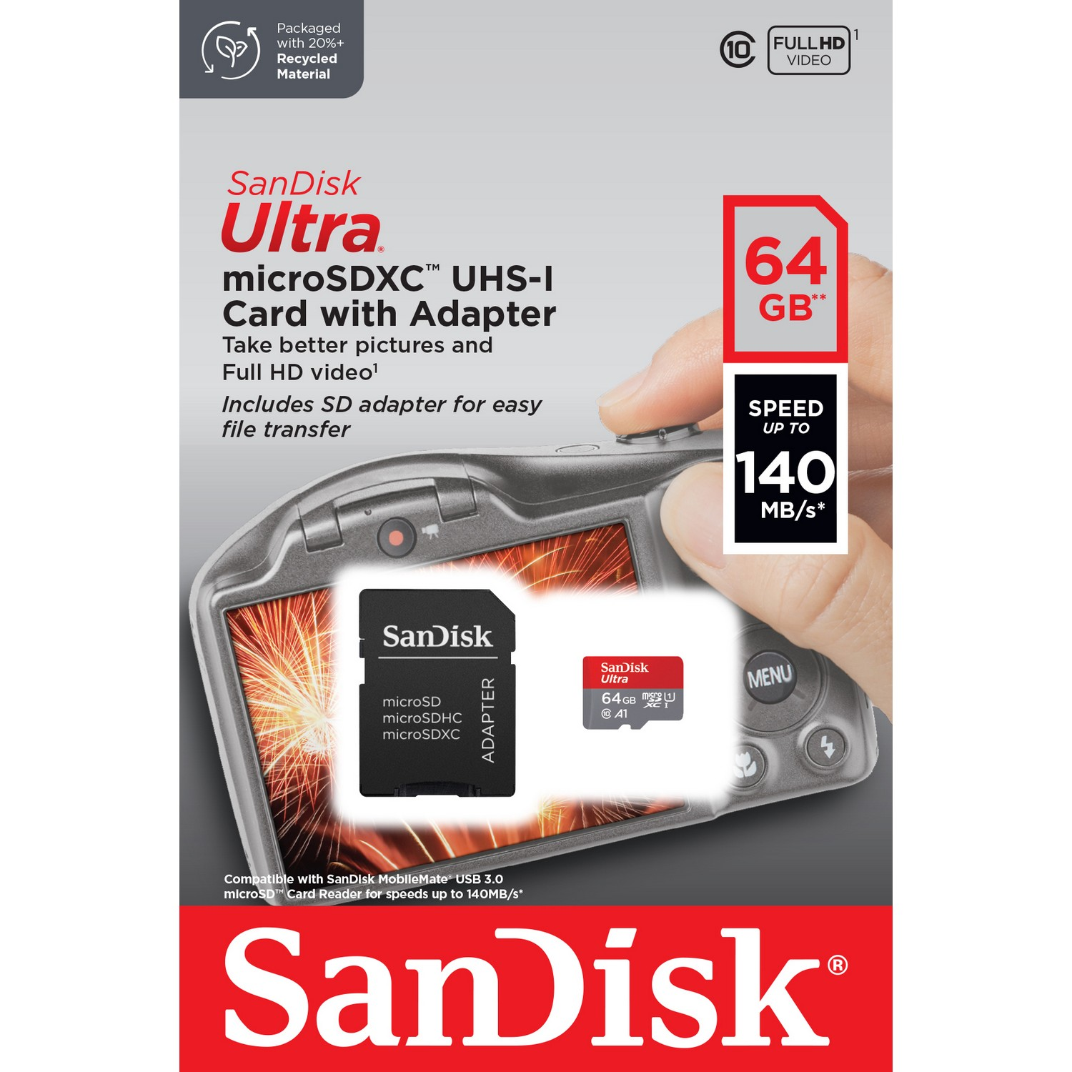Tarjeta y adaptador SanDisk Ultra microSDXC. Incluye tarjeta de 64 GB y adaptador SD para fácil transferencia de archivos.