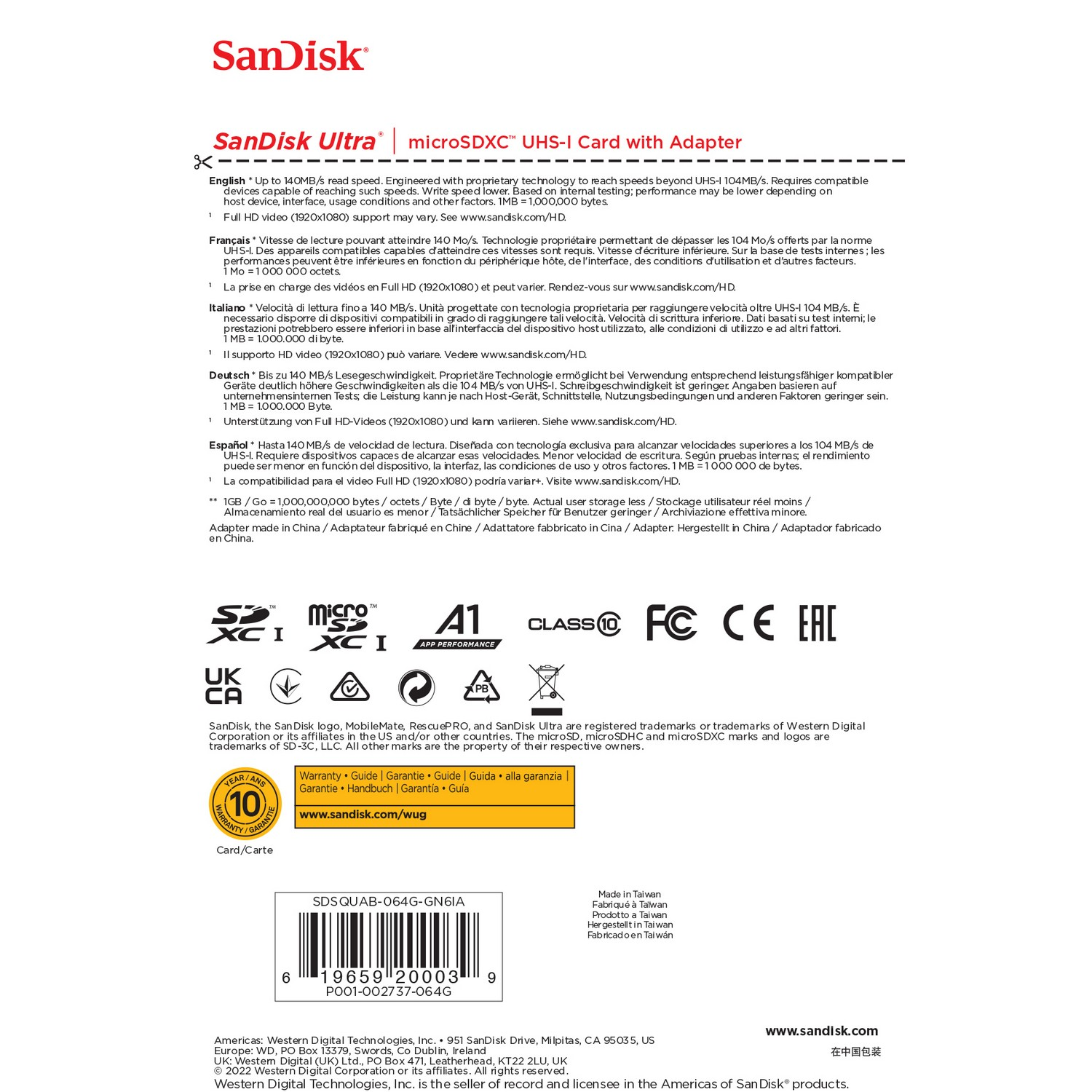 Un paquete de tarjeta SanDisk Ultra microSDXC UHS-I con adaptador blanco y verde.