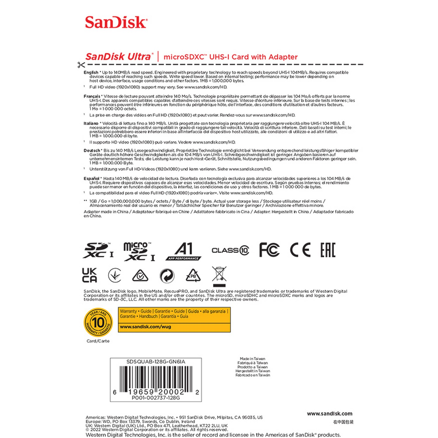 Imagen del embalaje del producto, con texto en varios idiomas, que muestra una tarjeta microSD y su adaptador.