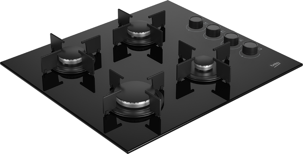 Una placa de cocina de vidrio negro con cinco quemadores y perillas de control.