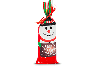 FAMILY CHRISTMAS karácsonyi italos üveg dekor, szalaggal, hóember, poliészter, 32 x 12,5 cm (58727B)